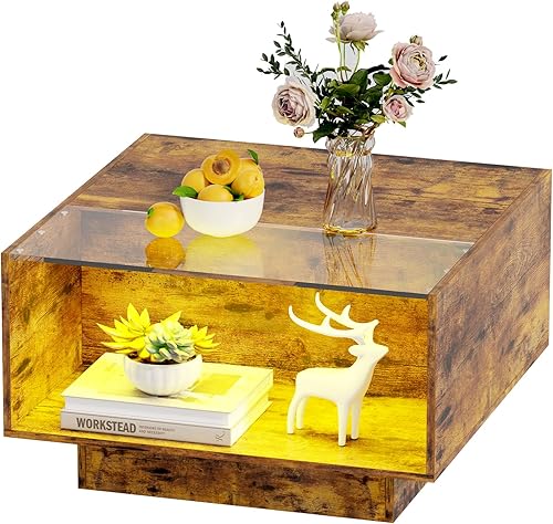 HOME BI Mesa de centro LED con almacenamiento, mesa central de madera con parte superior de cristal, mesa de centro moderna para sala de estar, mesa