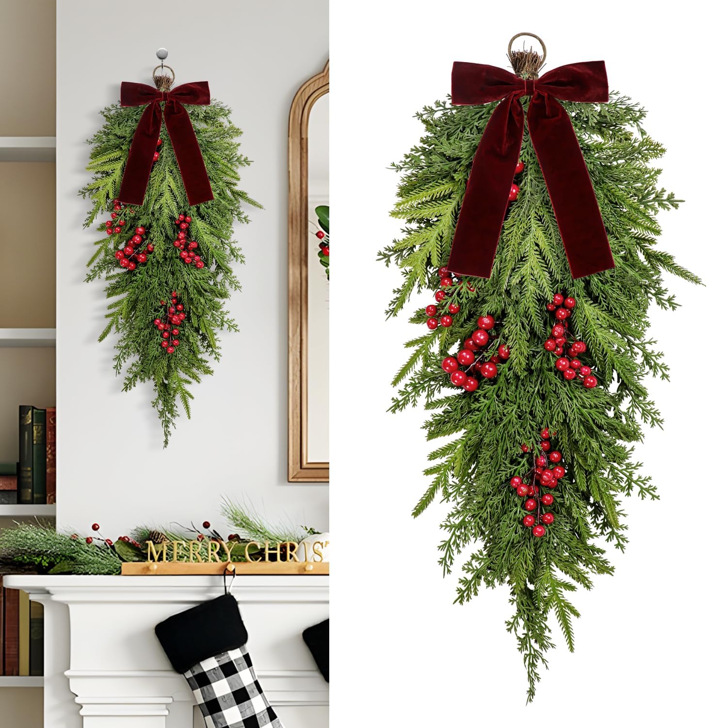60cm Artificial Christmas Teardrop Norfolk Pine Cedar Door Swags with Velvet Bow Greenery Decoration for Mantle Fireplace Stairs Window Holiday Indoor Outdoor Home Decor (Red Berry, 60cm)