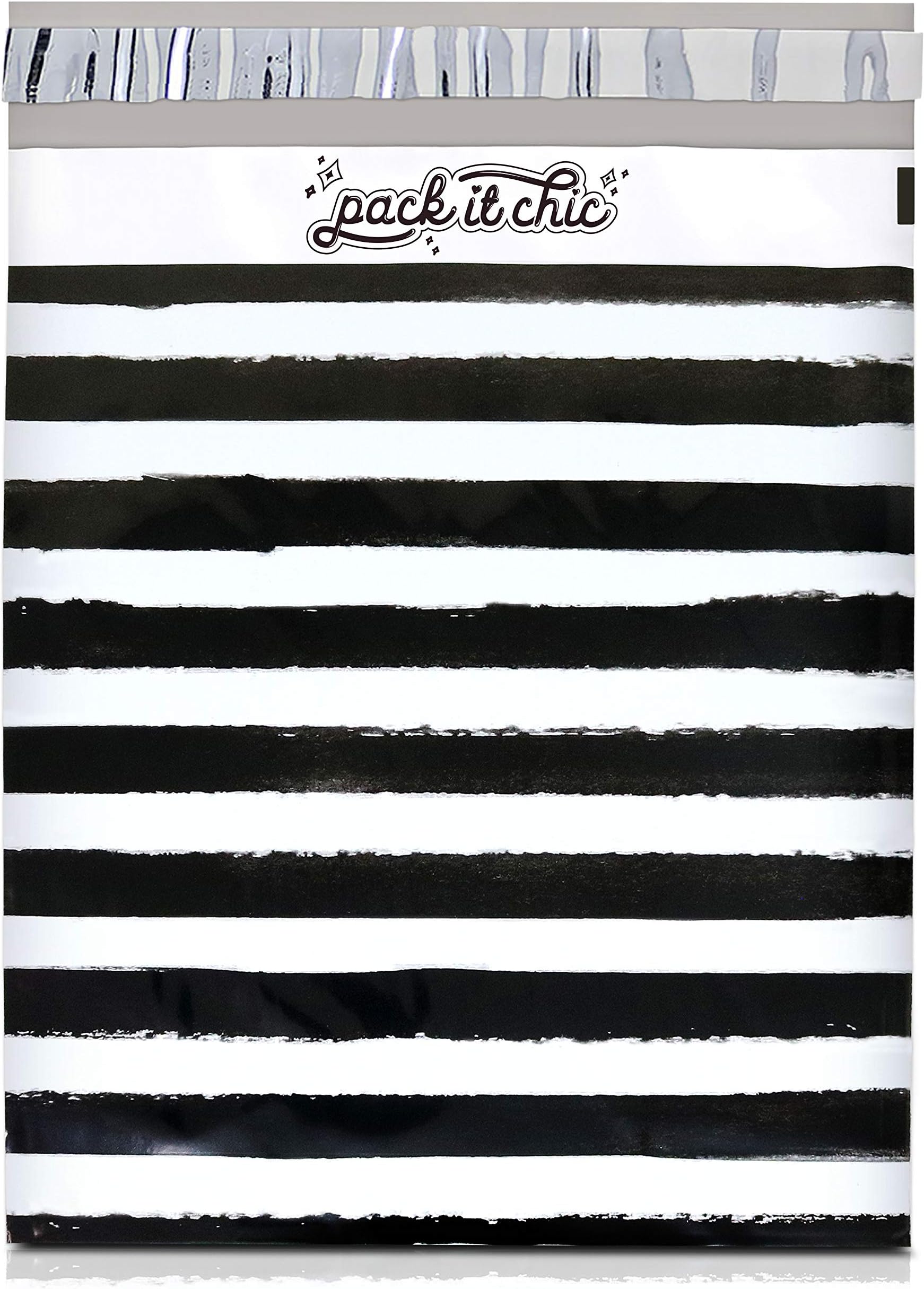 Pack It Chic - 10X13 (100 Pack) Black Watercolor Stripes Poly Mailer Envelope Plastic Custom Mailing & Shipping Bags - Self Seal (More Designs Available)