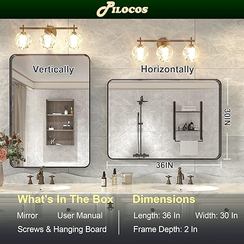 Miniatura 3 de Espejo redondo negro para pared, espejo de baño circular grande de 36 pulgadas con textura acanalada, marco de metal de aleación de aluminio, espejo