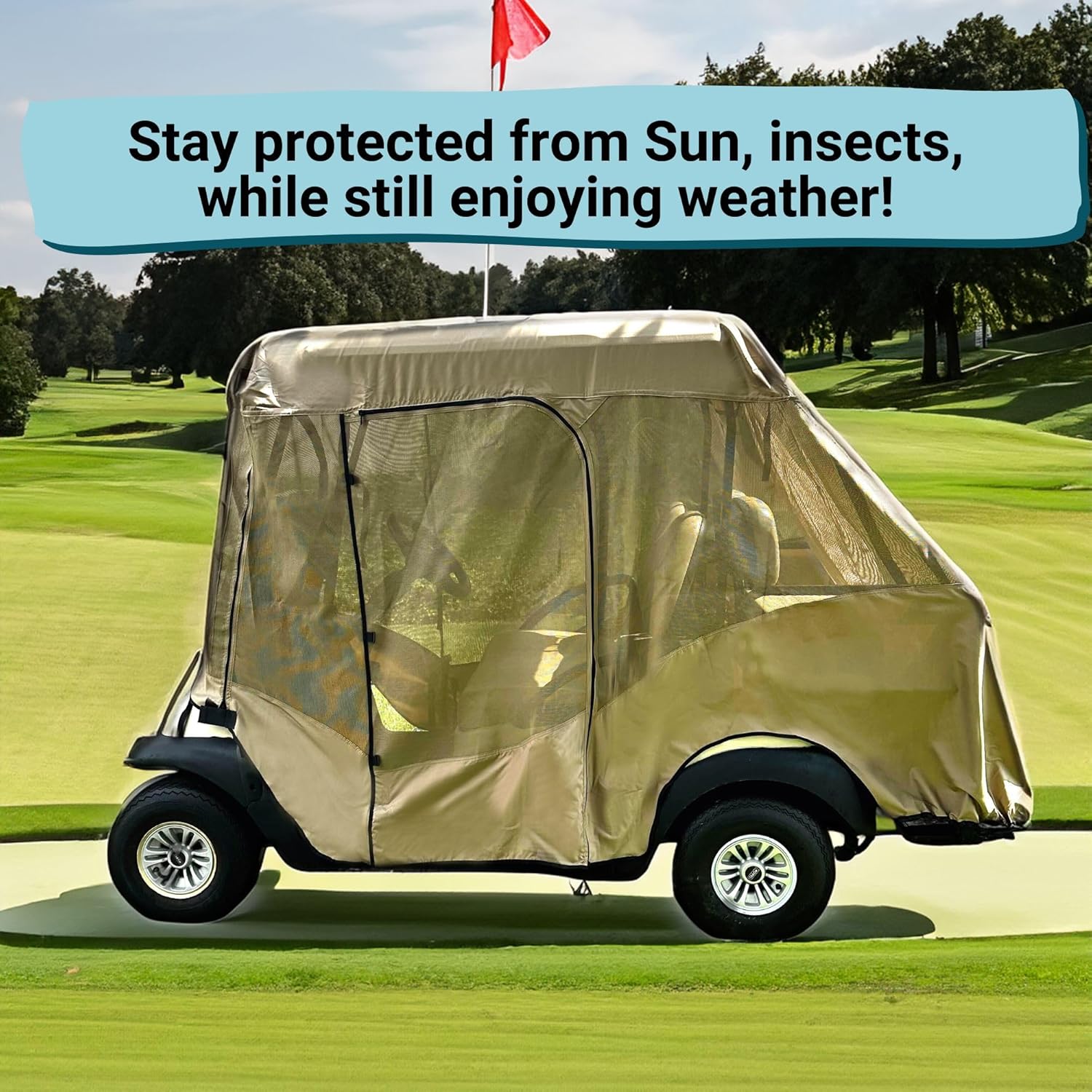Formosa Covers | 2 + 2 Person Insect Shield Summer Golf Cart Driving Enclosure Cover (2 Front 2 Rear Passenger Short Roof 58") Breathable Textilene Mesh| Durable YKK Door Zipper | Taupe