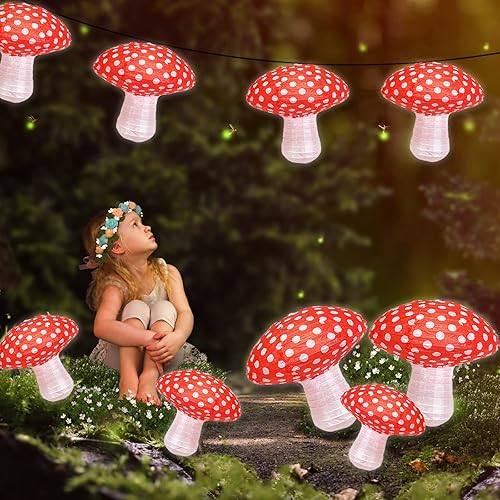 Miniatura 6 de Faroles colgantes de hongo, 6 faroles de papel grandes en forma de hongo para bosque, selva, país de las maravillas, decoración de fiesta de