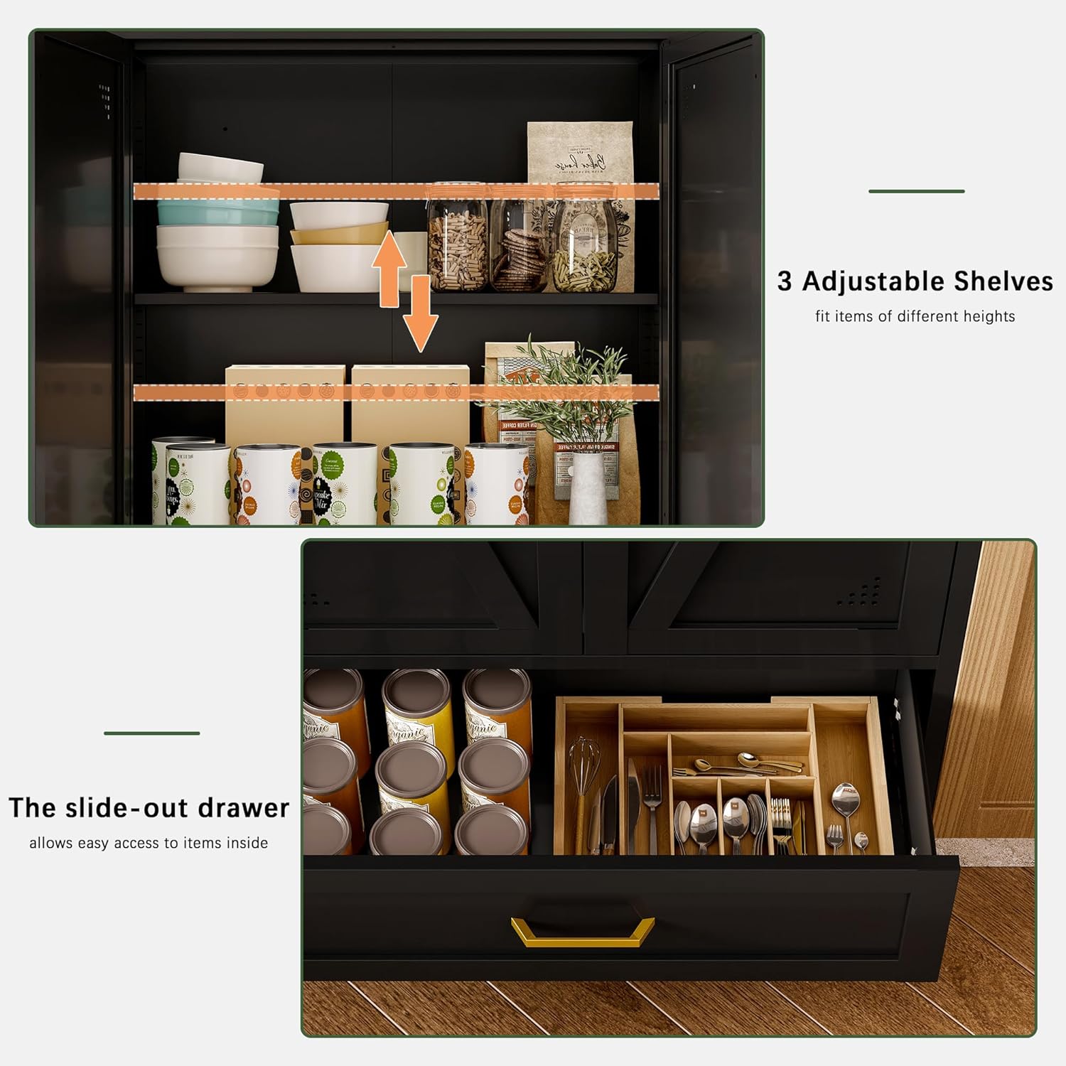 71" Tall Metal Storage Cabinets,Kitchen Pantry Cabinet with 3 Adjustable Shelves and 1 Drawer,Freestanding Display Cupboard for Dining Room,Hallway,Bathroom,Black