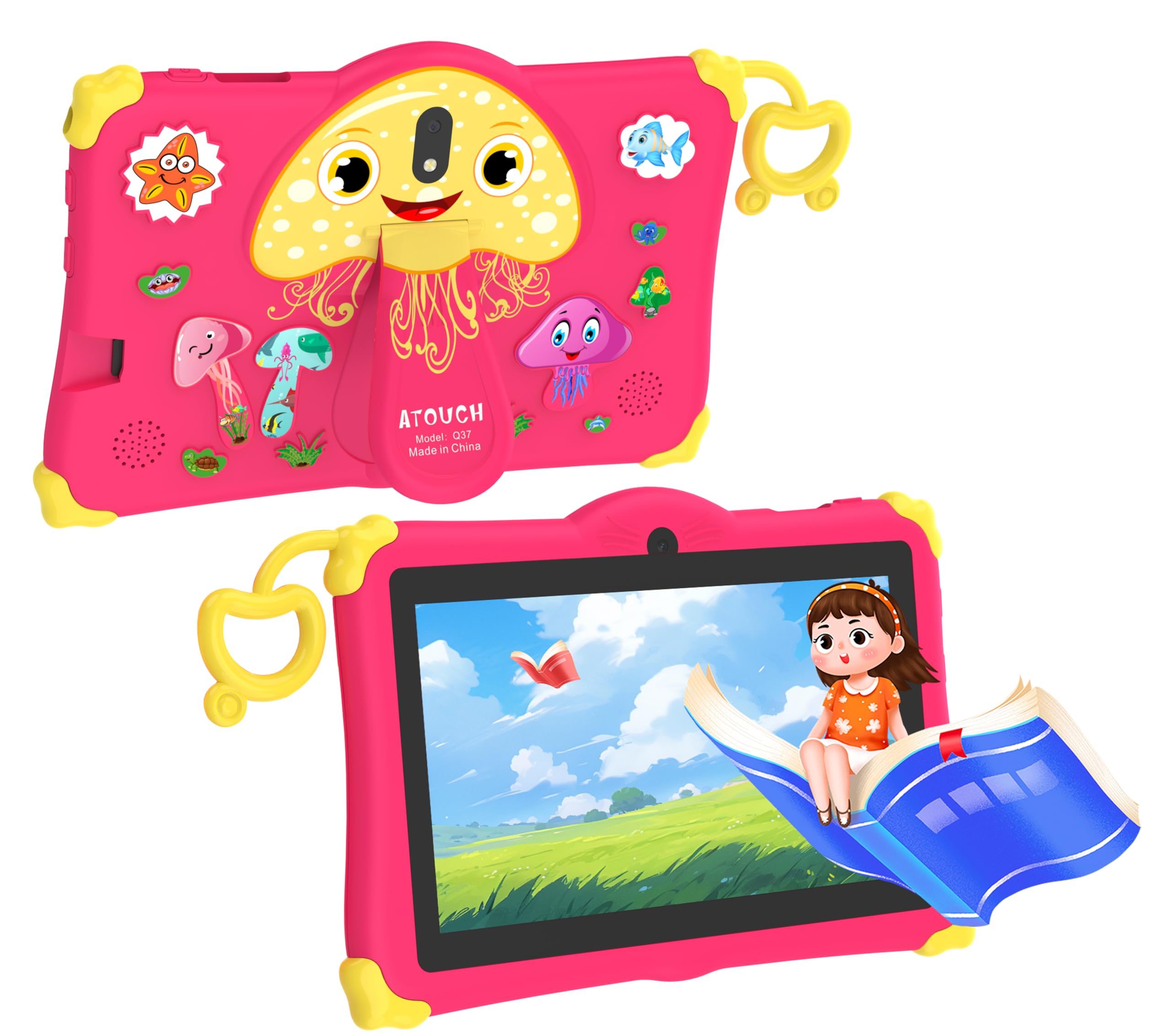 ATOUCH Android Tablet, 7-Inch Screen Q37 Early Education Smart Tablet Anti-drop Silicone Edge Wi-Fi, Bluetooth, Games with Built-in Stand (Pink)