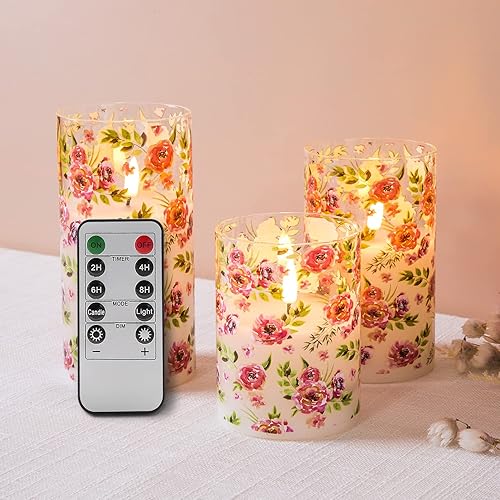 Eywamage Velas sin llama con diseño floral de rosas rojas en vidrio, velas LED parpadeantes con control remoto, juego de 3
