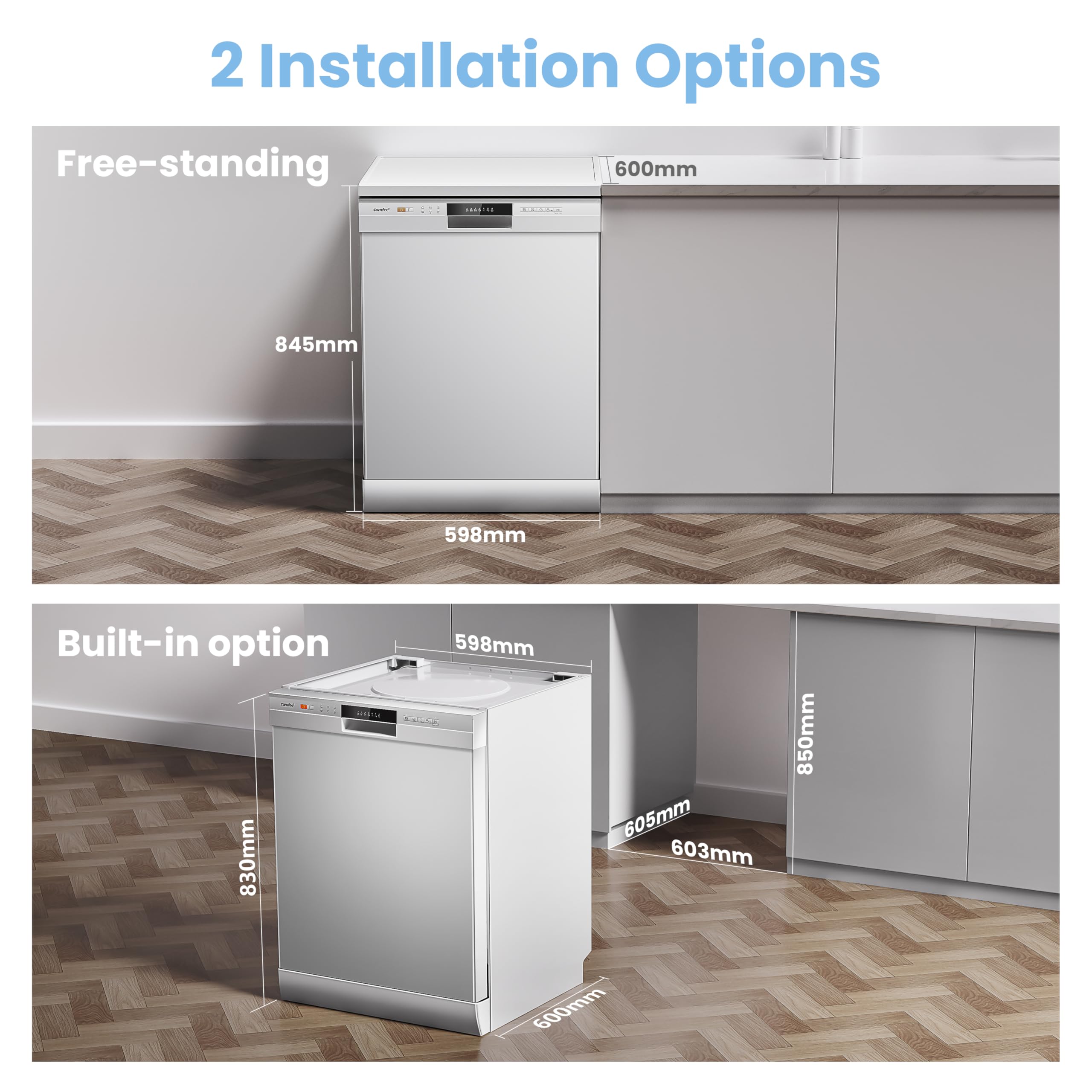 COMFEE' Dishwasher Freestanding with 13 Place Settings, New Upgraded Full Size Dishwasher 60cm Width, CDWPF1301PWD-UK, Auto Door Open Drying, Quick Wash, Hygiene Wash, Delay Start, Half Load -White — view 4