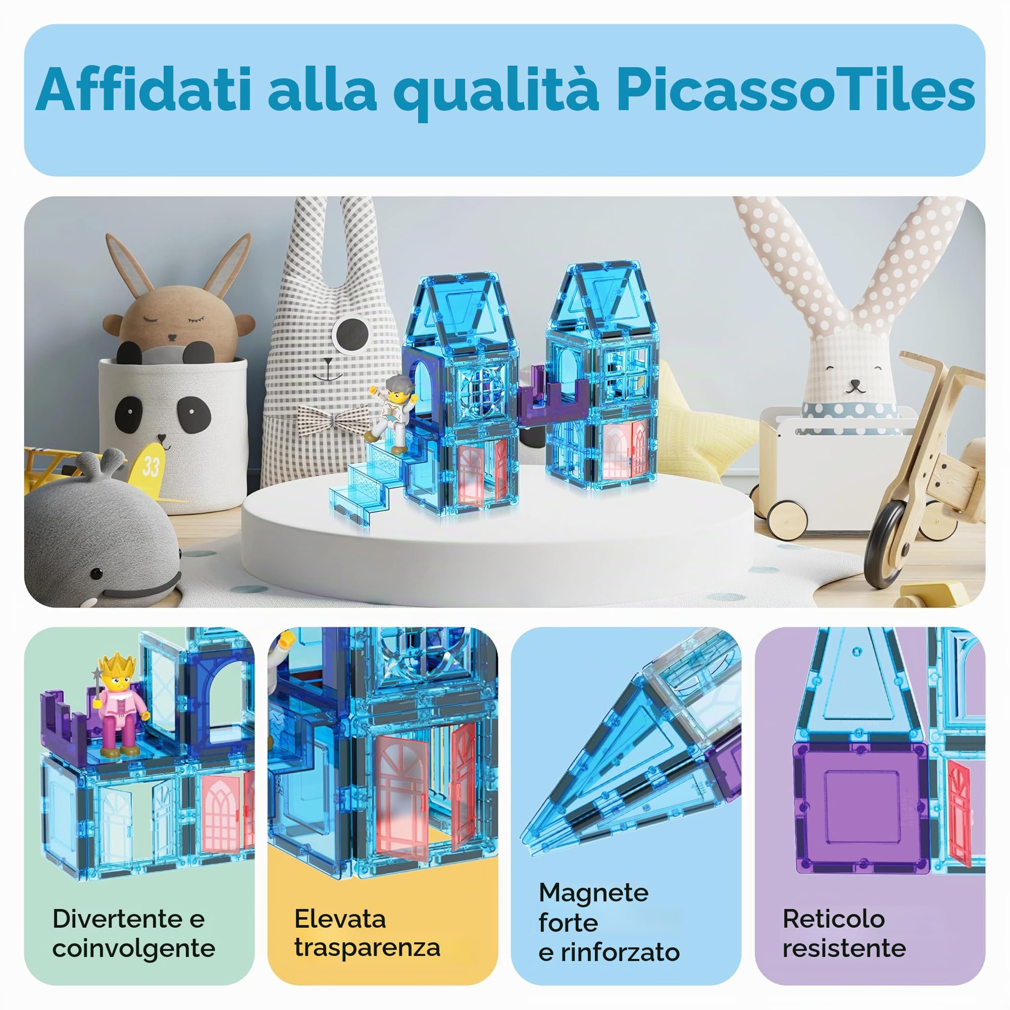 PicasssoTiles PT72 - Set di 72 mattonelle magnetiche per edifici a tema castello invernale a tema ghiaccio, con personaggi Principessa Principe, scale, finestre, porte, giocattolo educativo per