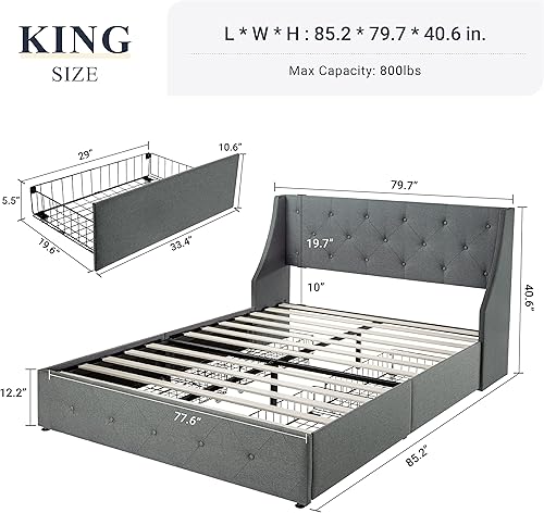 Miniatura 6 de Allewie Marco de cama tamaño King con 4 cajones de almacenamiento y cabecera con alas traseras diseño copetudo con botones no necesita somier gris