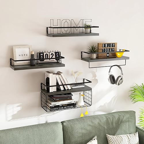 Miniatura 7 de Estantes flotantes de madera negra montados en la pared, estantes rústicos de pared de baño de 3+1 niveles sobre el inodoro con cesta de