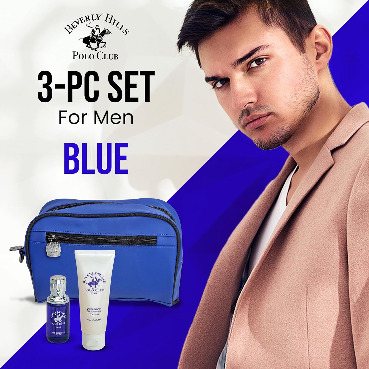 Beverly Hills Polo Club Blue Men's Luxury Fragrance & Grooming Gift Set | 30ml EDT, 75ml Energizing Body Wash, Premium Travel Toiletry Bag | Long-Lasting Fresh Scent, Sophisticated Style for Him