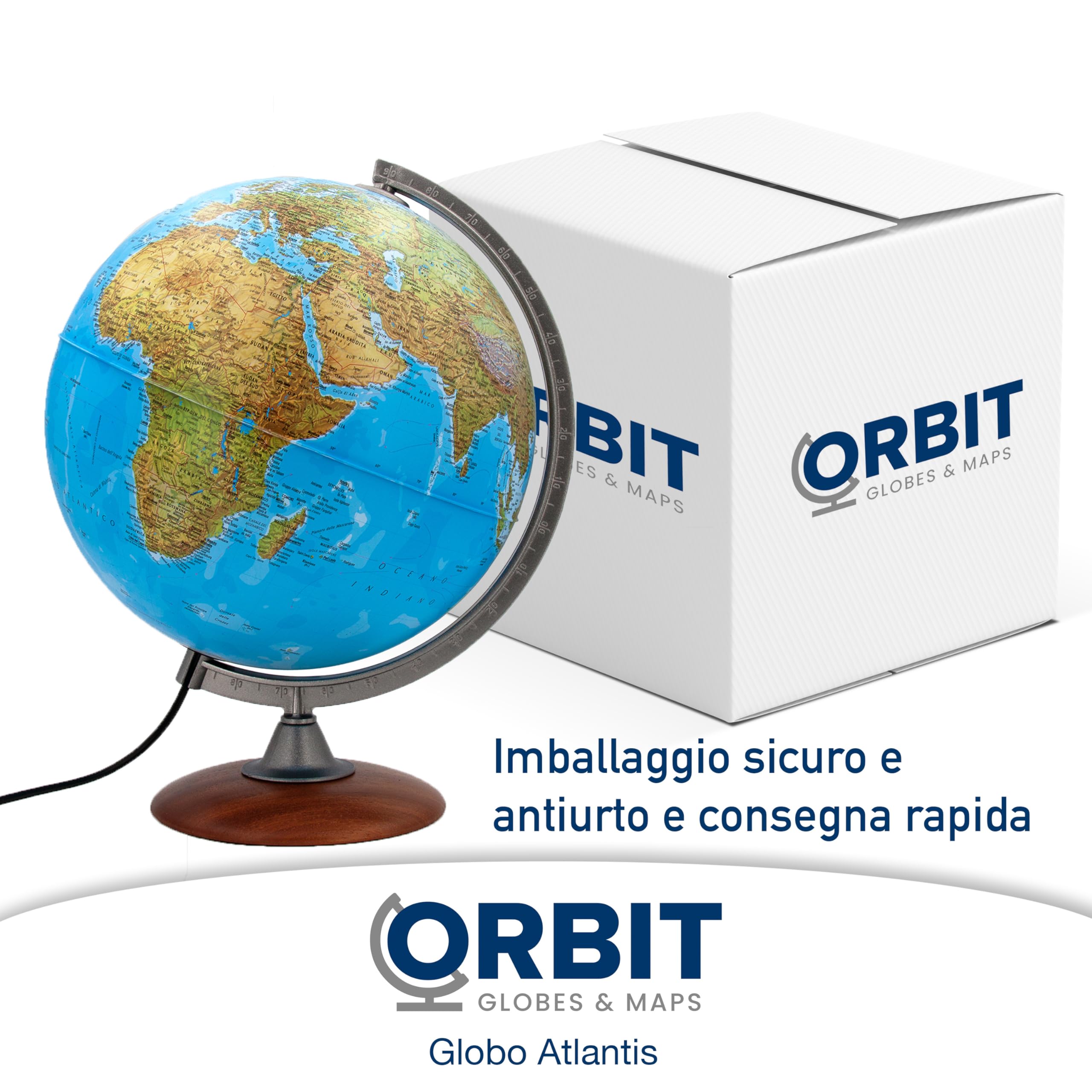 ORBIT GLOBES & MAPS Globo Luminoso, mappamondo, cartografia a Doppia Effetto, Fisica e Politica, Italiano, con Base in Legno, Lampadina a LED