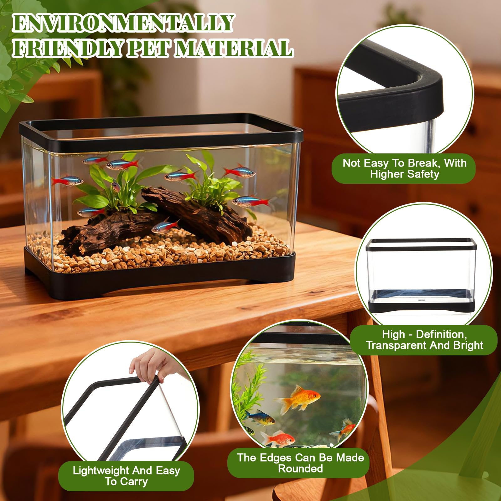 Geelin Aquarium rectangulaire en plastique de 7,6 litres pour poissons Betta, reptiles, plantes succulentes, fleurs, centre de table, incassable avec clarté transparente pour la maison et le bureau