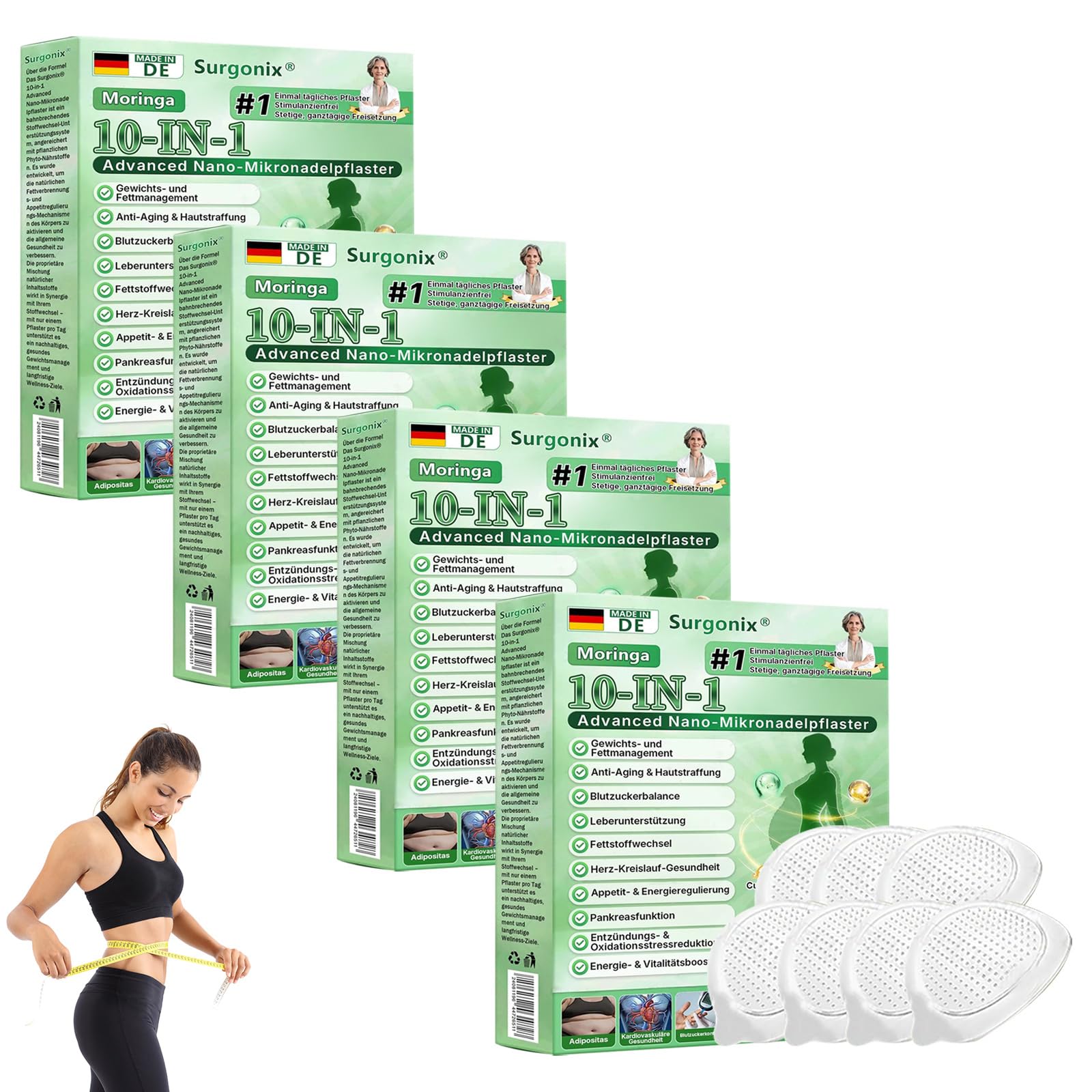 Surgonix Moringa 10-IN-1 Fortschrittlichesich Nano-Mikronadel-Pflaster, Natürliche Abnehmpflaster, Surgonix Moringa Pflaster, Sanfte Beruhigung für alle Körpertypen (4 Stück)