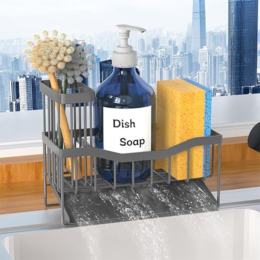 Fssvcd Maifan Sink Caddy Sponge Holder for Kitchen with Brush Holder and Stainless Steel Self Drain Tray, Rustproof Kitchen Sink Organizer for Sponge, Soap Dispenser Storage Accessories Dark Gray