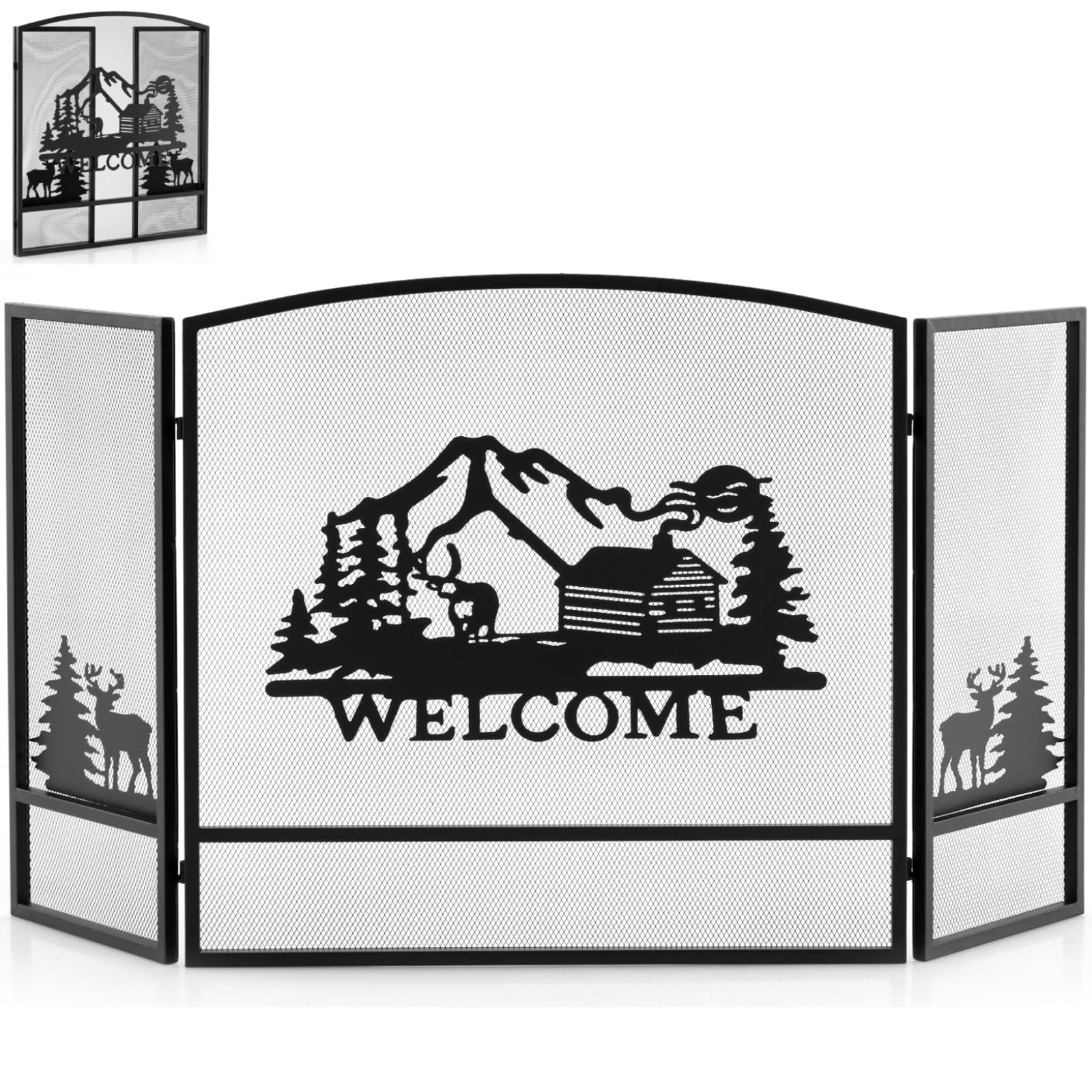 GiantexUK 3-Panel Folding Fire Guard, Heavy Duty Metal Mesh Fireplace Screen, Decorative Freestanding Spark Guard Safety Barrier for Child Baby Pet Open Fire, Black (Moose Pattern, 139x75cm)