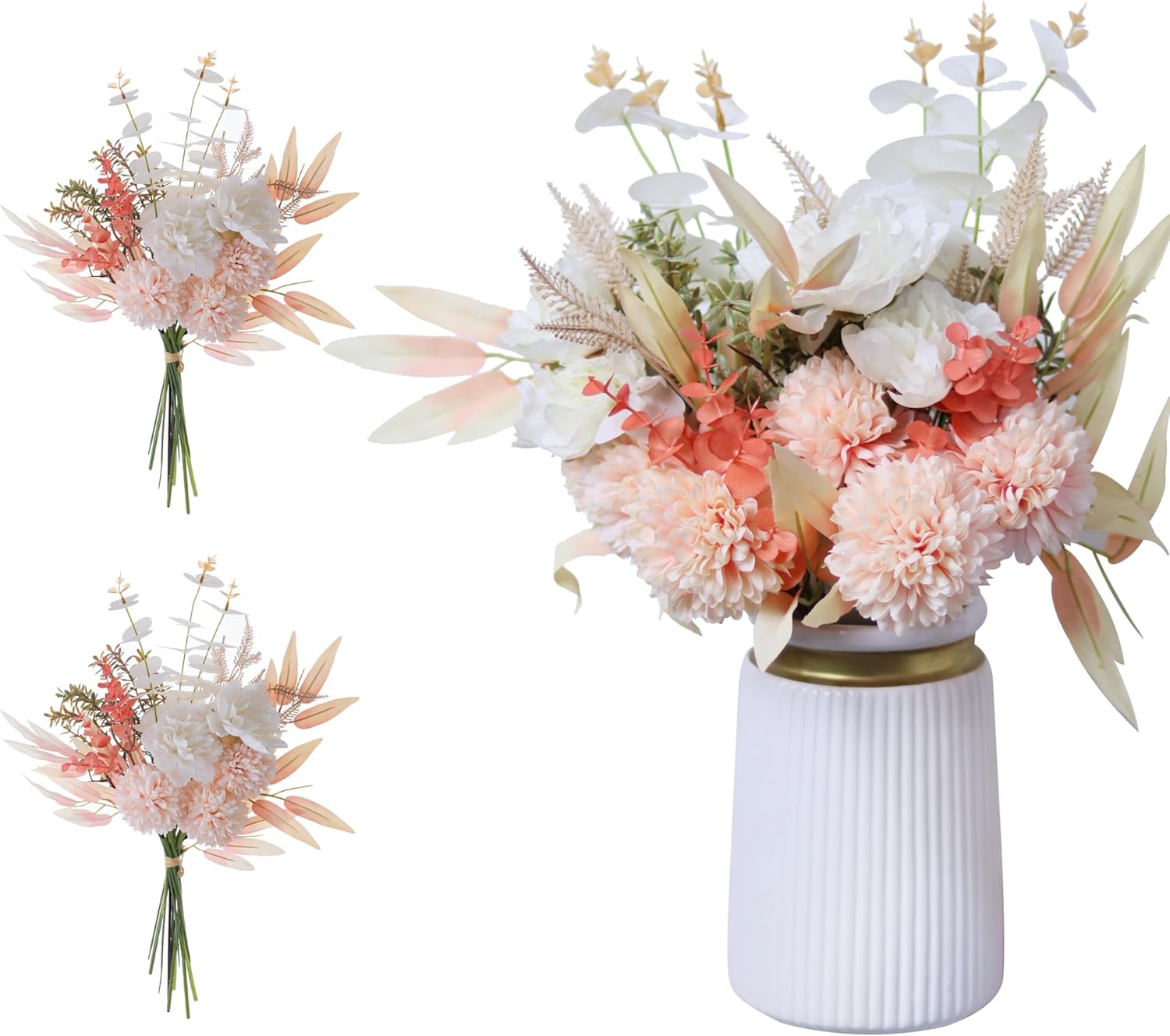 2pcs Boho Style Artificial Flower Bouquets,17 Inch Bohemian Style Fall Flower Wedding Bouquets for Bridal Bridesmaid,Rustic Home Décor Centerpiece(Champagne Color Scheme)