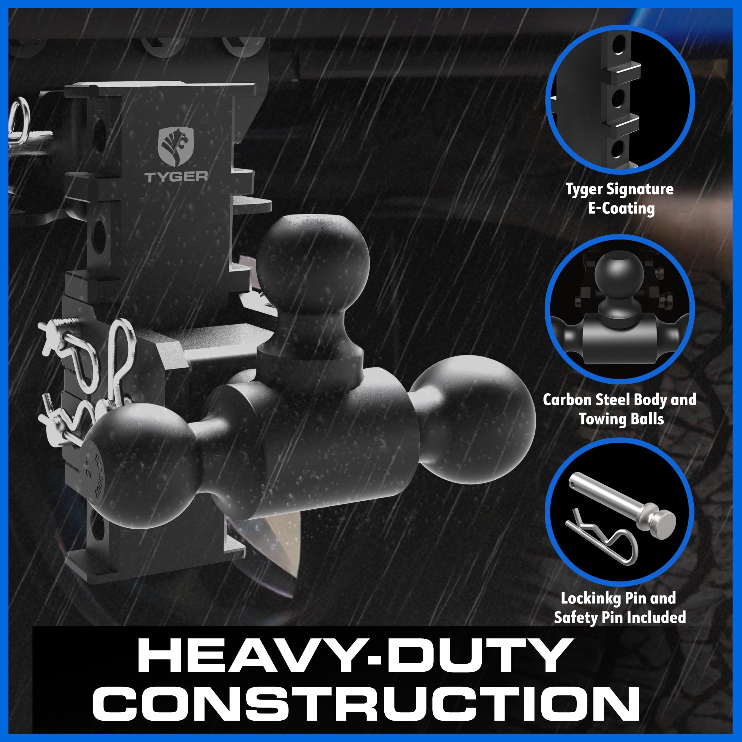 Tyger Auto Adjustable Drop Hitch Tri-Ball Mount with 1-7/8", 2" and 2-5/16" Towing Balls | Fits 2" Receivers | EZ-Align System | 12500 lbs GTW | Carbon Steel | Trailers Boats ATVs RVs | TG-DB6U12058