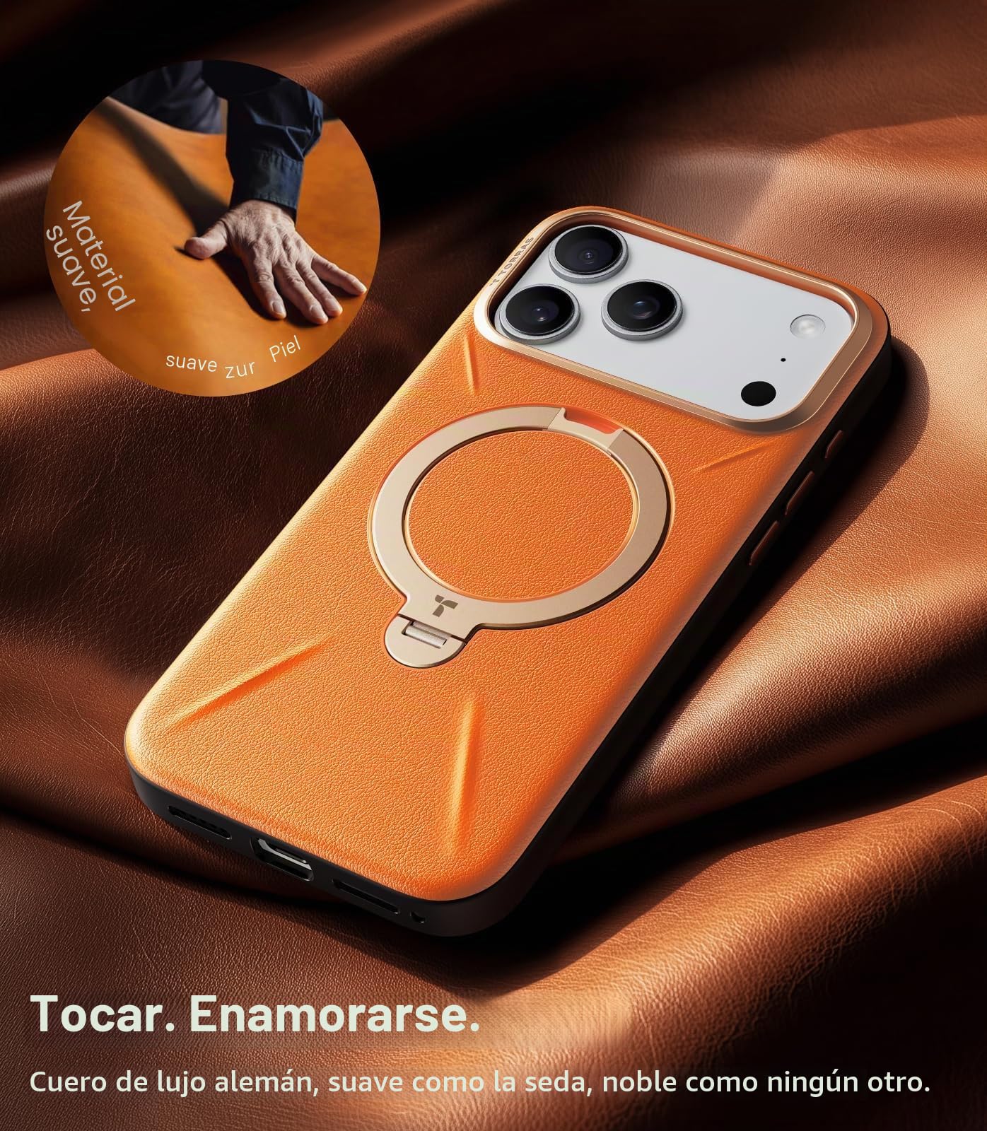 TORRAS Ostand Q3 VegSkin Funda para iPhone 17 Pro MAX [clásica Piel de Ternero][(Soporte magnético Invisible 360°] Resistente a los Golpes& arañazos, Funda para iPhone 17 Pro MAX, Naranja