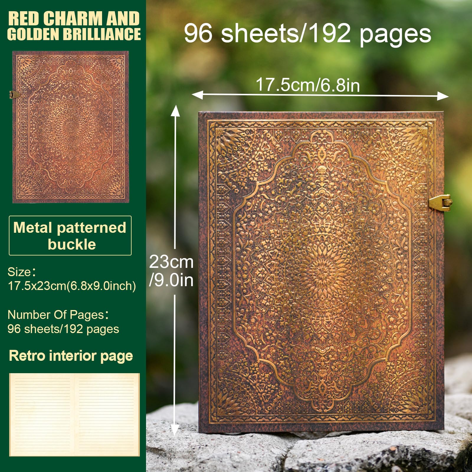 Diario retro de tapa dura con dije rojo en 3D, con 96 hojas/192 páginas, con bolsillo tipo sobre, adecuado como cuaderno, diario de viaje o aniversario de boda.