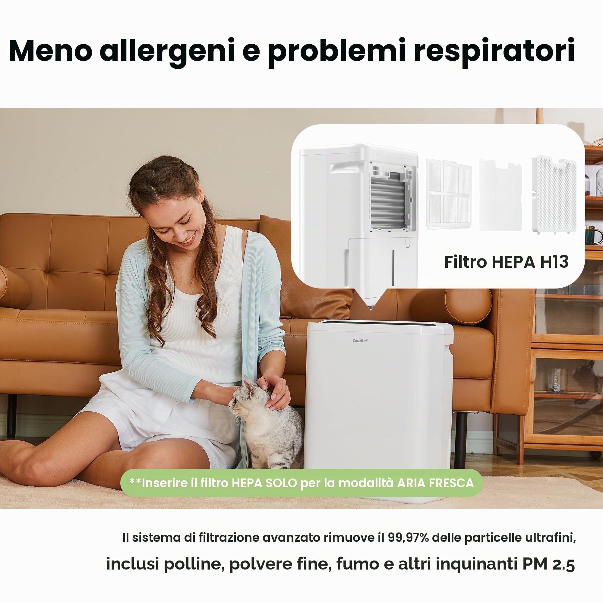 COMFEE Deumidificatore purificatore, 12 l/giorno, deumidificatori per casa, camera da letto, bagno, con serbatoio d'acqua da 1,6 l, timer, filtro HEPA, Wi-Fi, modalità lavanderia e basso consumo