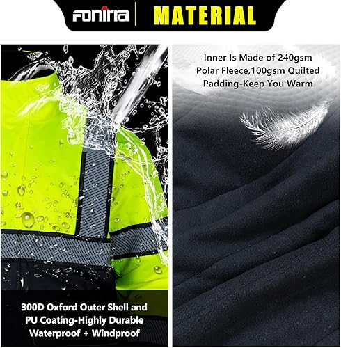 Miniatura 4 de FONIRRA Chaquetas de seguridad de alta visibilidad con forro polar, chaqueta impermeable reflectante ANSI Clase 3 para hombre