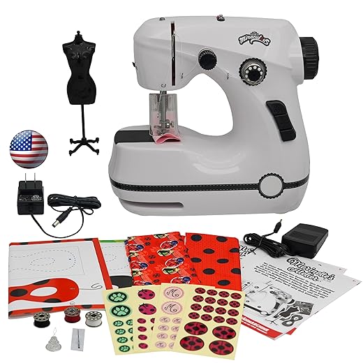 Miraculous Ladybug - Marinette's Mini Sewing Machine For Beginners And Kids, Dual Speed Portable Machine with Miraculous Fabric, Black Mannequin, Superhero Mask Cutouts, And Foot Pedal (Wyncor)