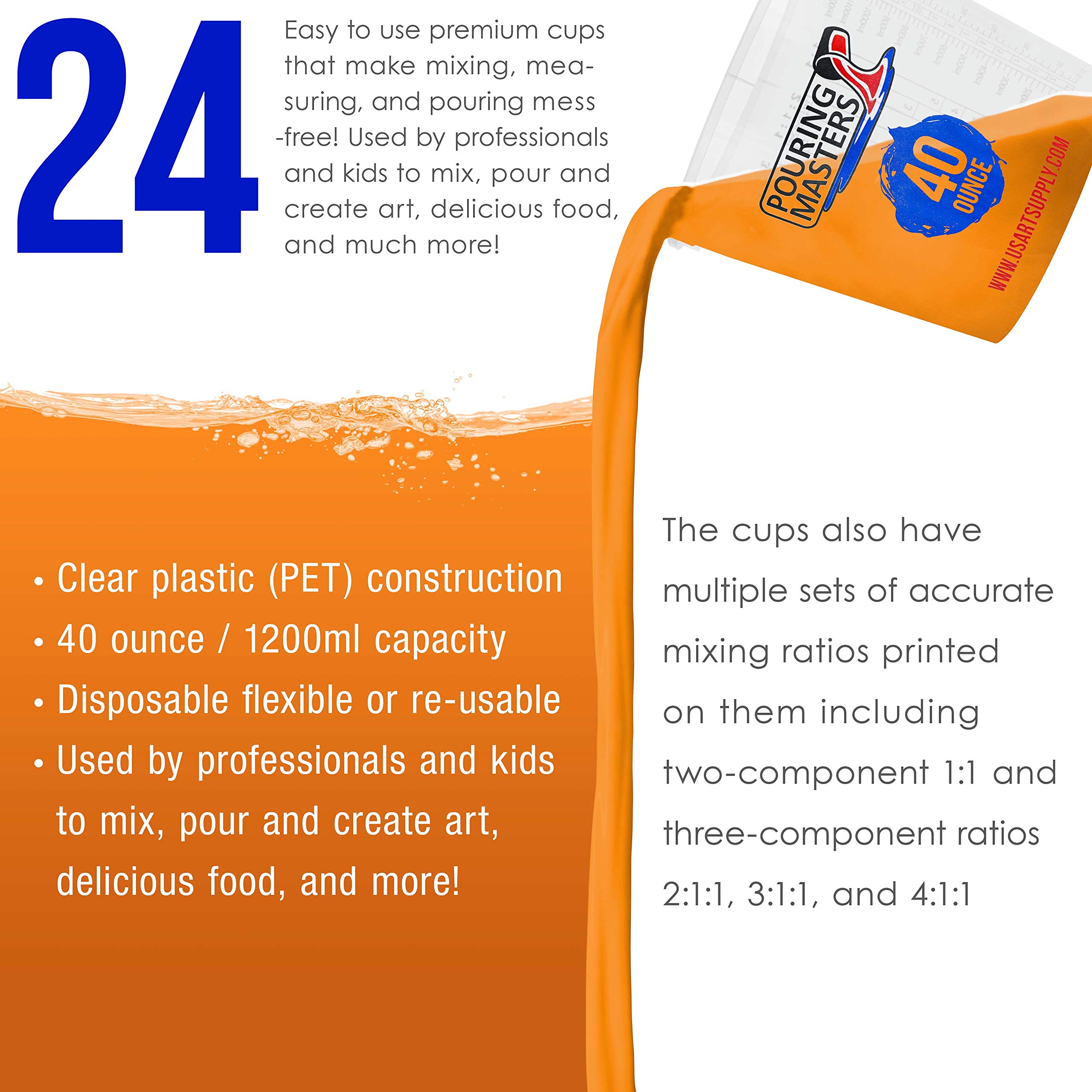 Vering Masters Boîte de 24 tasses graduées en plastique pour peinture, résine, époxy, art, cuisine, cuisine, cuisson – Dimensions en OZ et ML, 4 rapports de mesure 1:1