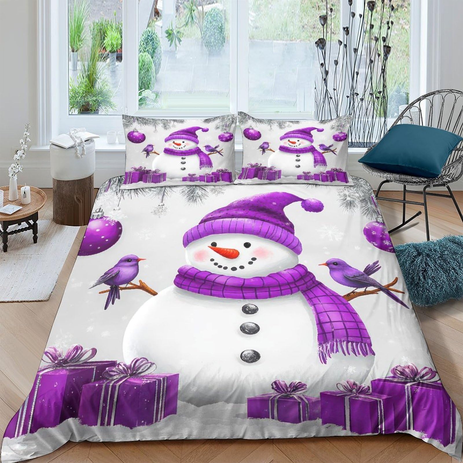 Ctjqhvkz Style-5 3D Printed Snowman Purple Gift Fitted Sheet Microfiber Soft Decorative Bird Mattress Cover For Bedroom Guest Room Single（135X200cm）