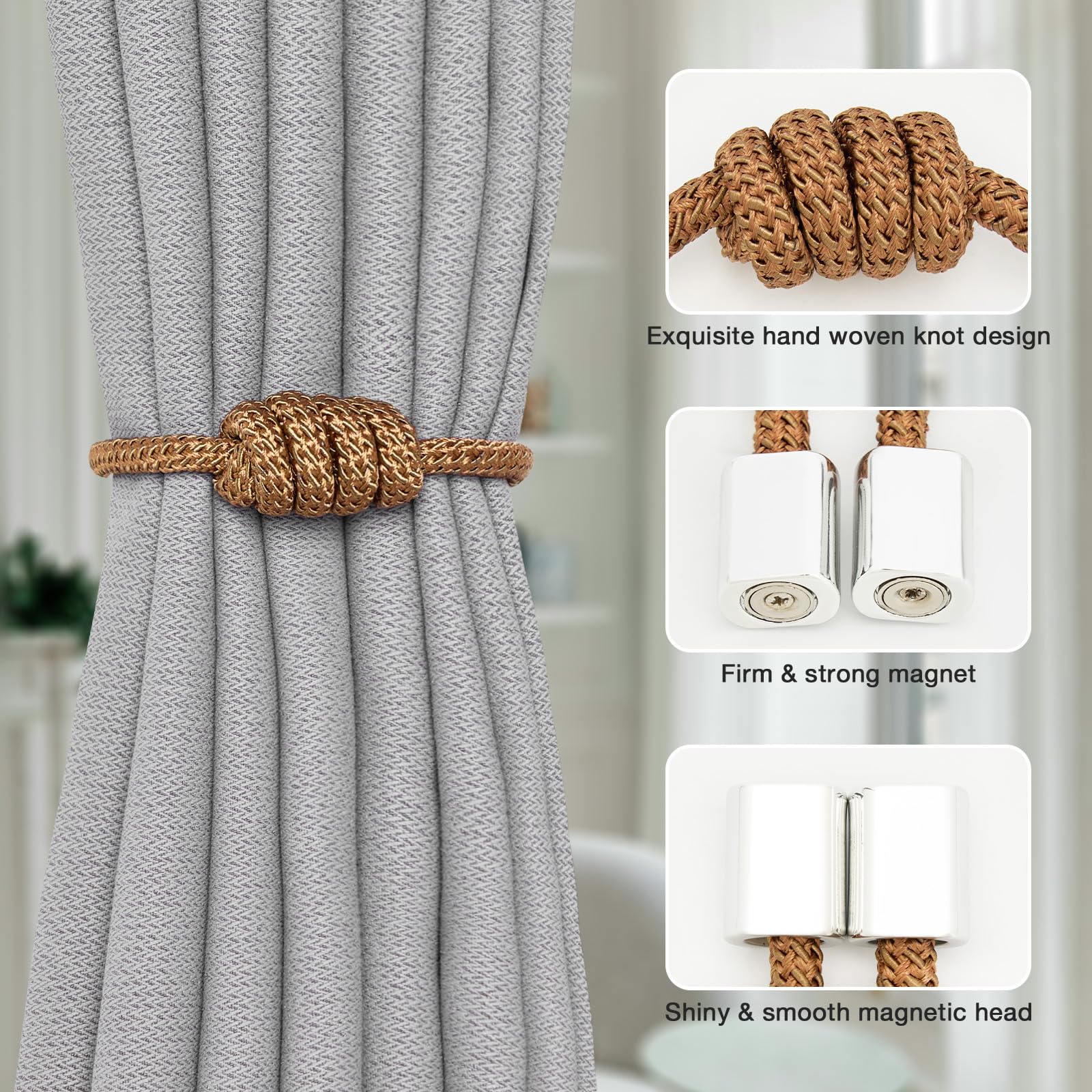 Pretty Jolly 2 Pack Mini Magnetic Curtain Tiebacks Modern Simple Style Drape Tie Backs Elegant Hand Weave Rope Knot Decorative Curtain Holdbacks for Home & Office Window Drapery (Khaki) - Image 2