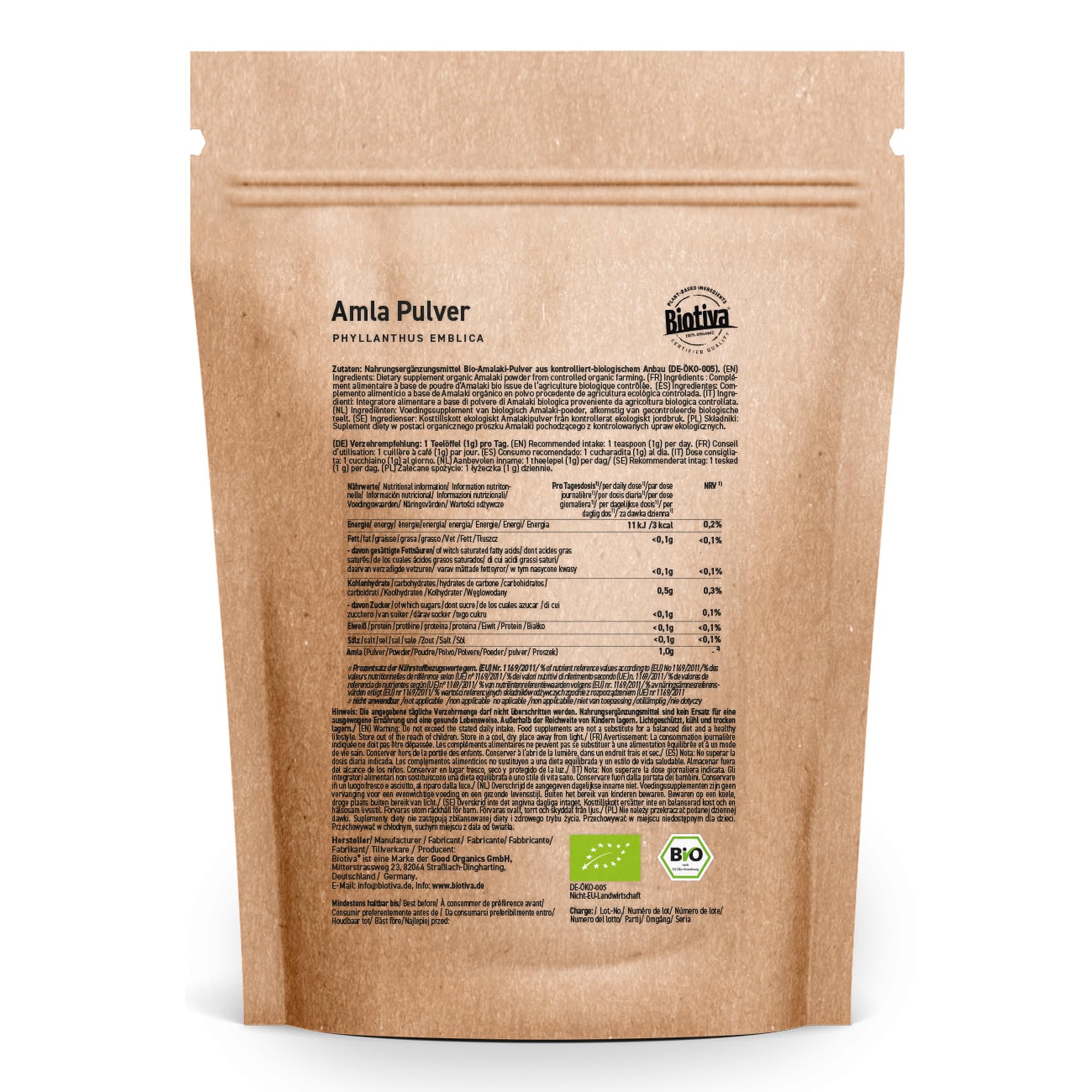 Amla in polvere Bio 1000g (4x250g) | uva spina indiana | Phyllanthus emblica | senza riempitivi | macinato, confezionato e controllato in Germania | Biotiva