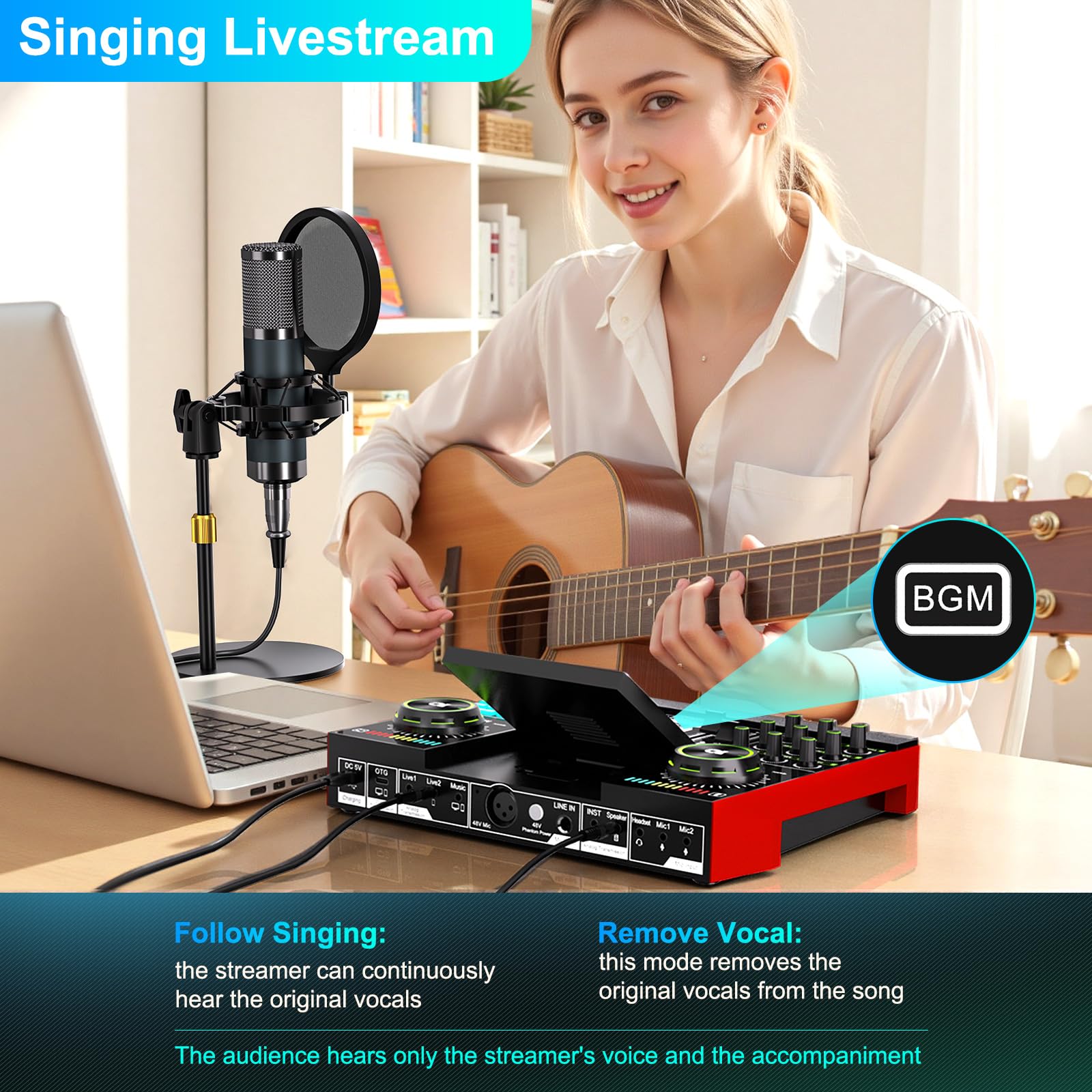 Podcast Microphone Bundle with Live Sound Board Audio Mixer, Podcast Equipment Bundle with 3.5mm Condenser Microphone(P15) for Pc/Phone Live Streaming Singing Gaming, Voice Changer, Denoise