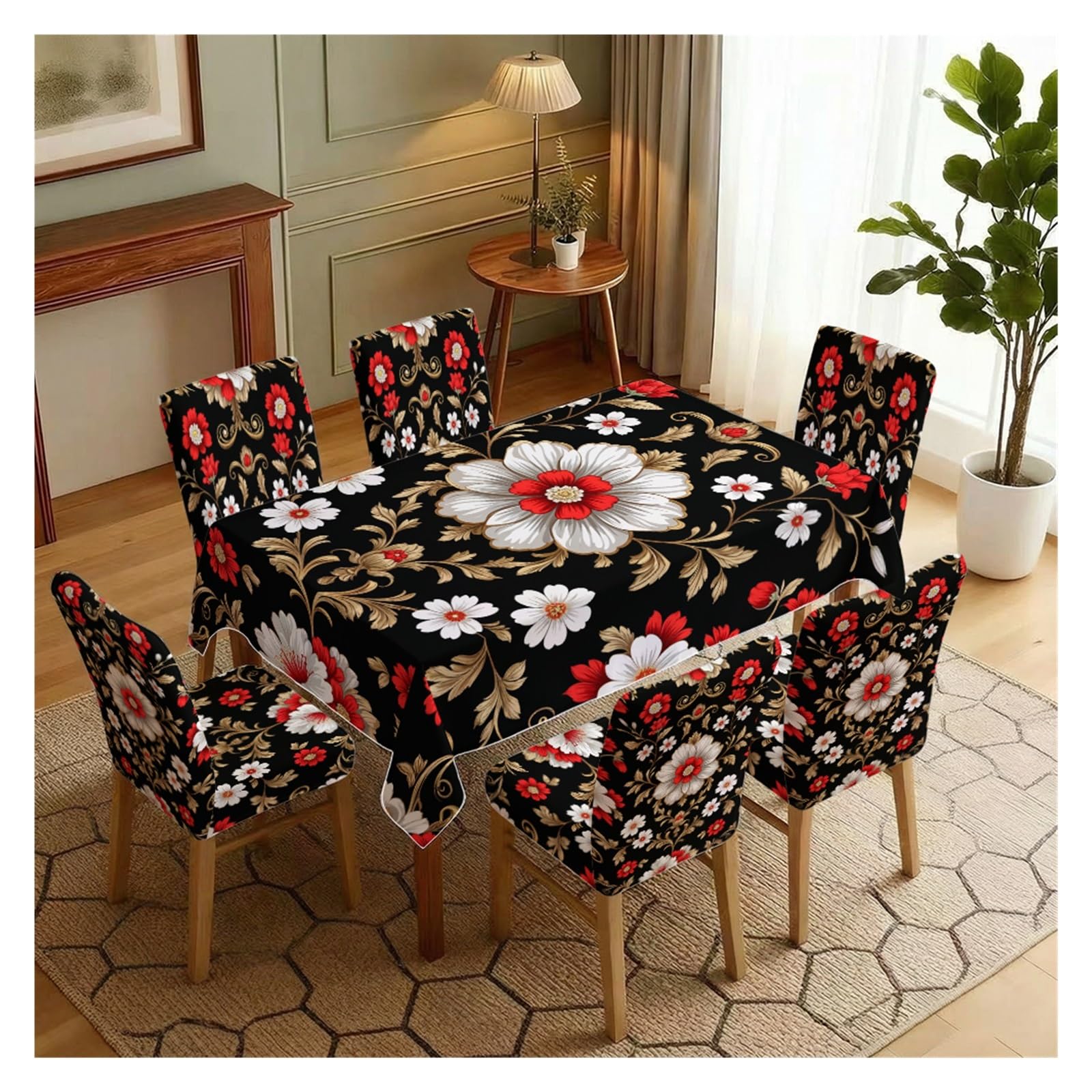 KXUAUV Black Red White Floral Print Stretch Dining Chair Covers Tablecloth Set, For Kitchen Dining Living Room Gothic Decor, 5/7 Pack Party Decor(7pcs Set: Tablecloth+Chair Covers)