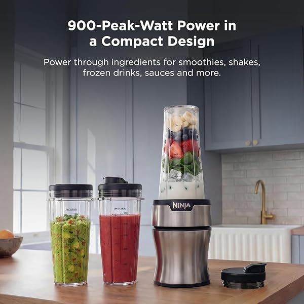 Ninja Nutri-Plus Personal Blender | Compact Push to Blend | Make Frozen Drinks, Smoothies, Sauces & More | With (3) 20 oz. To-Go Cups, (2) Spout-Lids & (1) Storage-Lid | 900 Peak Watt | Silver | BN301 - 2