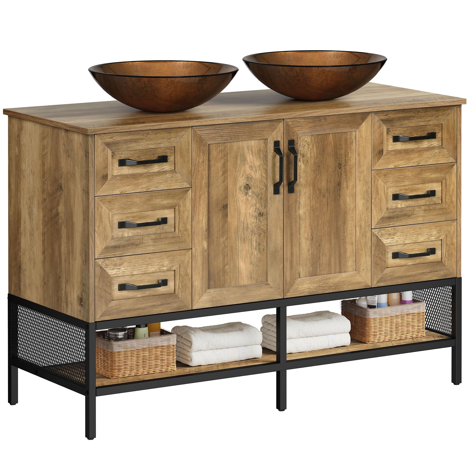 YITAHOME 48" Bathroom Vanity with Sink Combo Set, Double Sink Bathroom Vanity with Storage Drawers and Adjustable Shelves, Bathroom Vanities Iron Frame, Rustic Brown