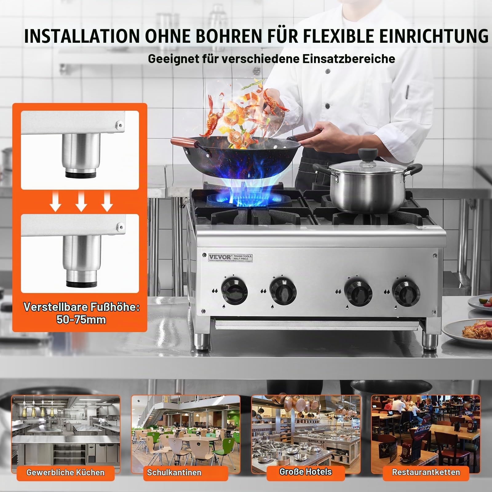 VEVOR Kommerzieller Gasherd Gaskochherd mit 4 Gaskochfelder, Propan/Erdgas-Kochherd Edelstahl-Gaskochplatte, kommerzielles Kochgerät 610 x 775 x 335 mm für Restaurants Hotel Café 28 kW