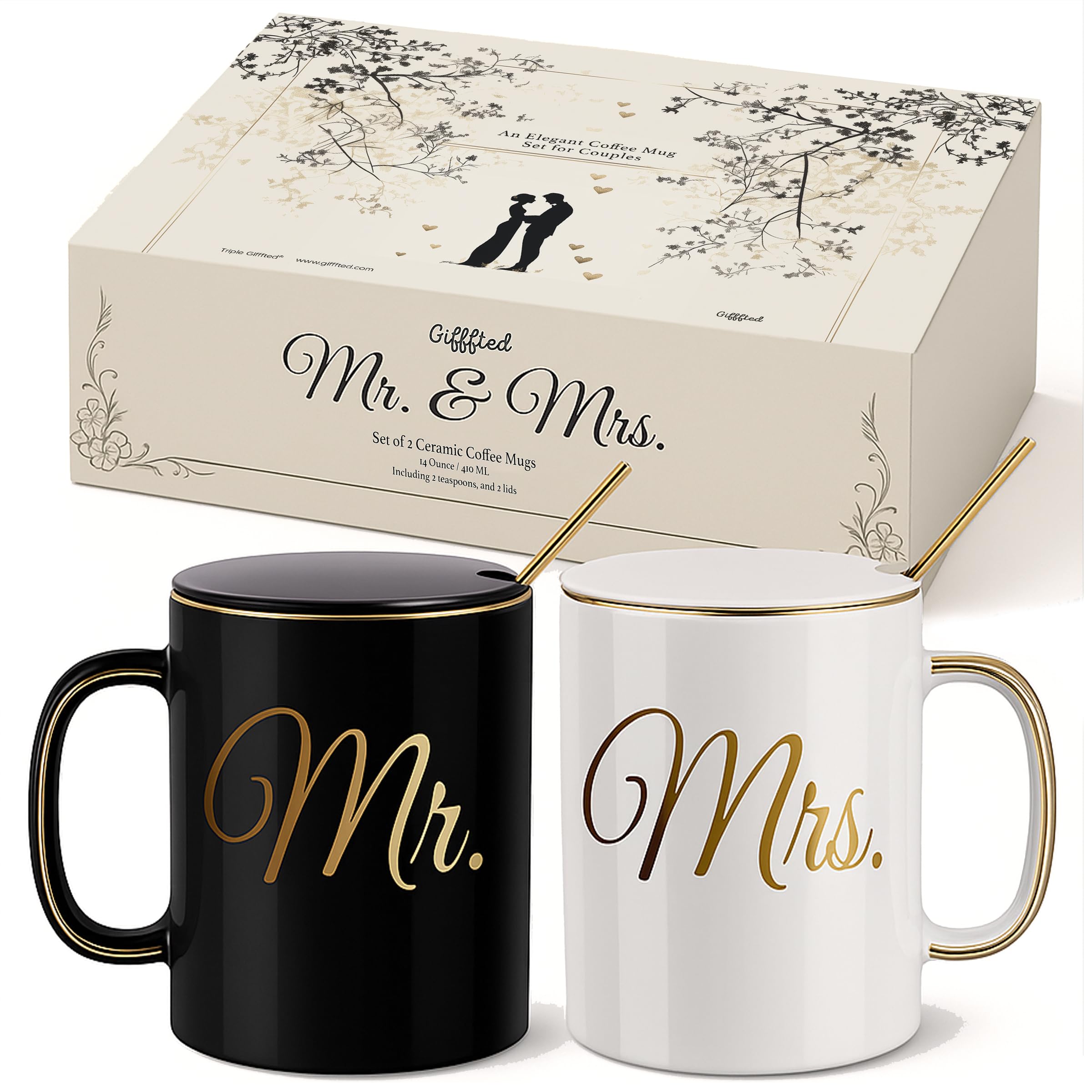 Triple Gifffted Mr and Mrs Couples Gifts for Wedding Anniversary, Engagement, Christmas, Valentines, Him Her, His Hers Newlywed Mugs, Bride Groom, Couple Gift, Lids, Ceramic Cup, 380 ML