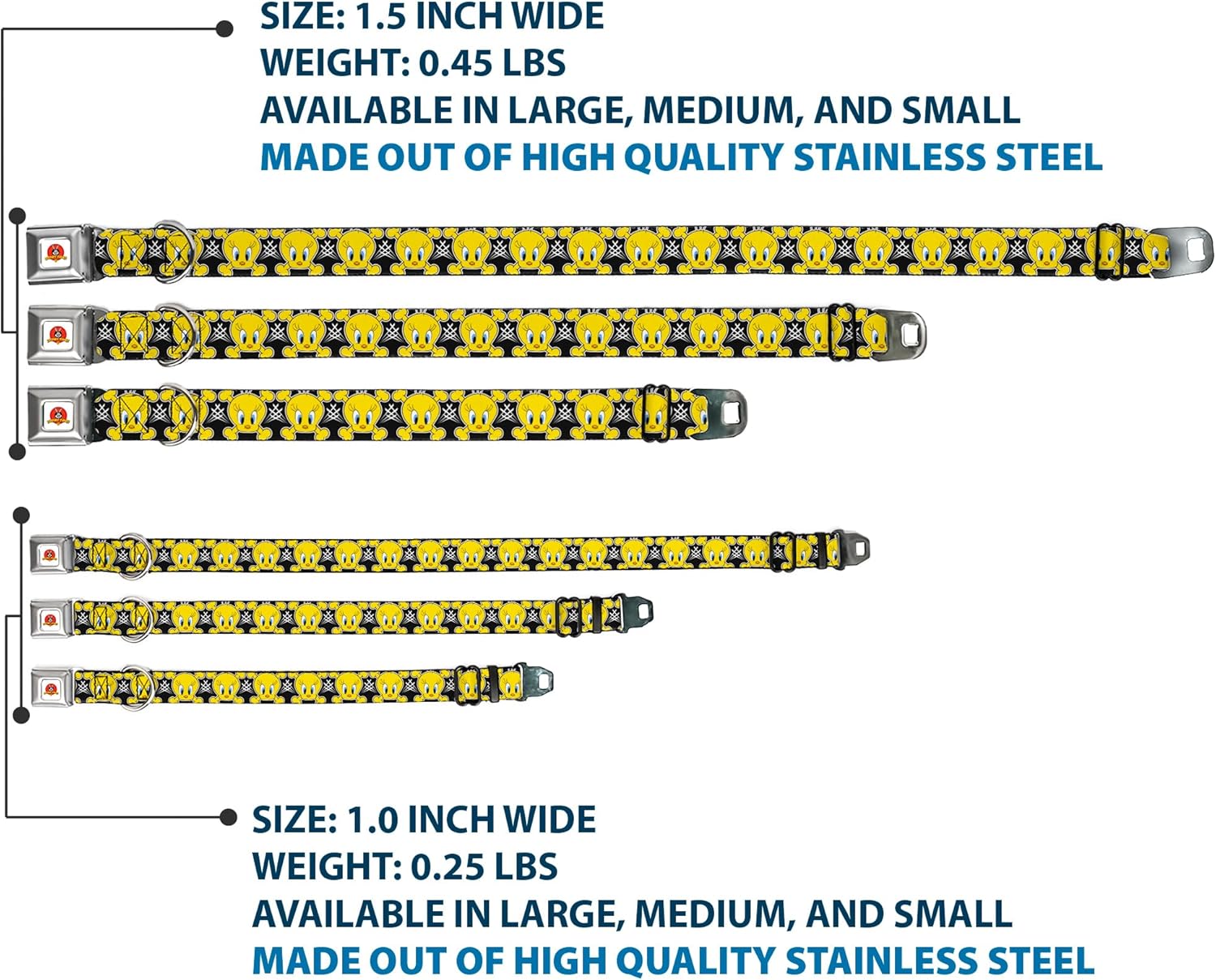 Buckle-Down Seatbelt Buckle Dog Collar - Tweety Bird & Crossbones Black/White/Yellow - 1" Wide - Fits 9-15" Neck - Small
