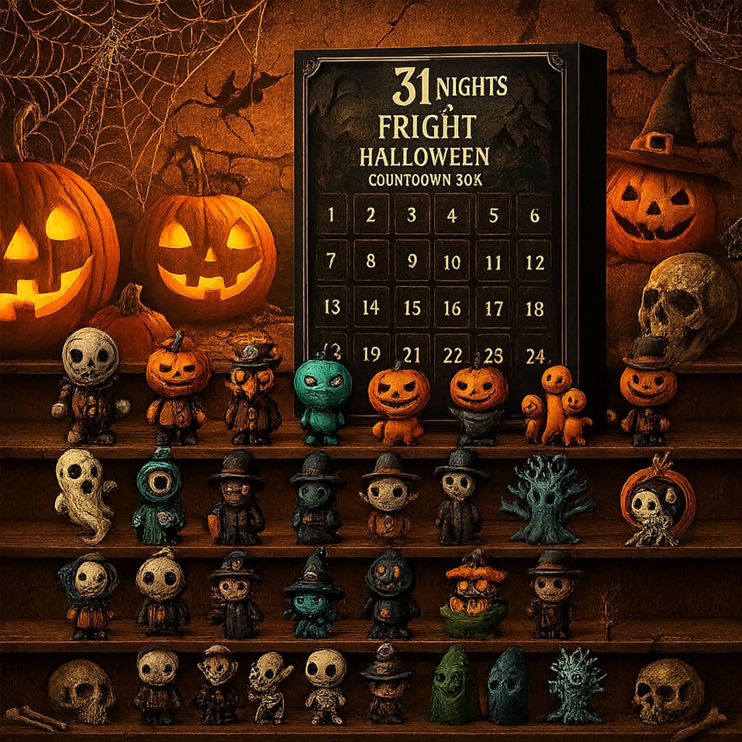 31 Nights of Fright Halloween Countdown Box - 2025 Advent Calendar with 31 Spooky Figurines, Horror Collectible Dolls, Hanging Charms & Mini Decor for Party & Home Scary Display