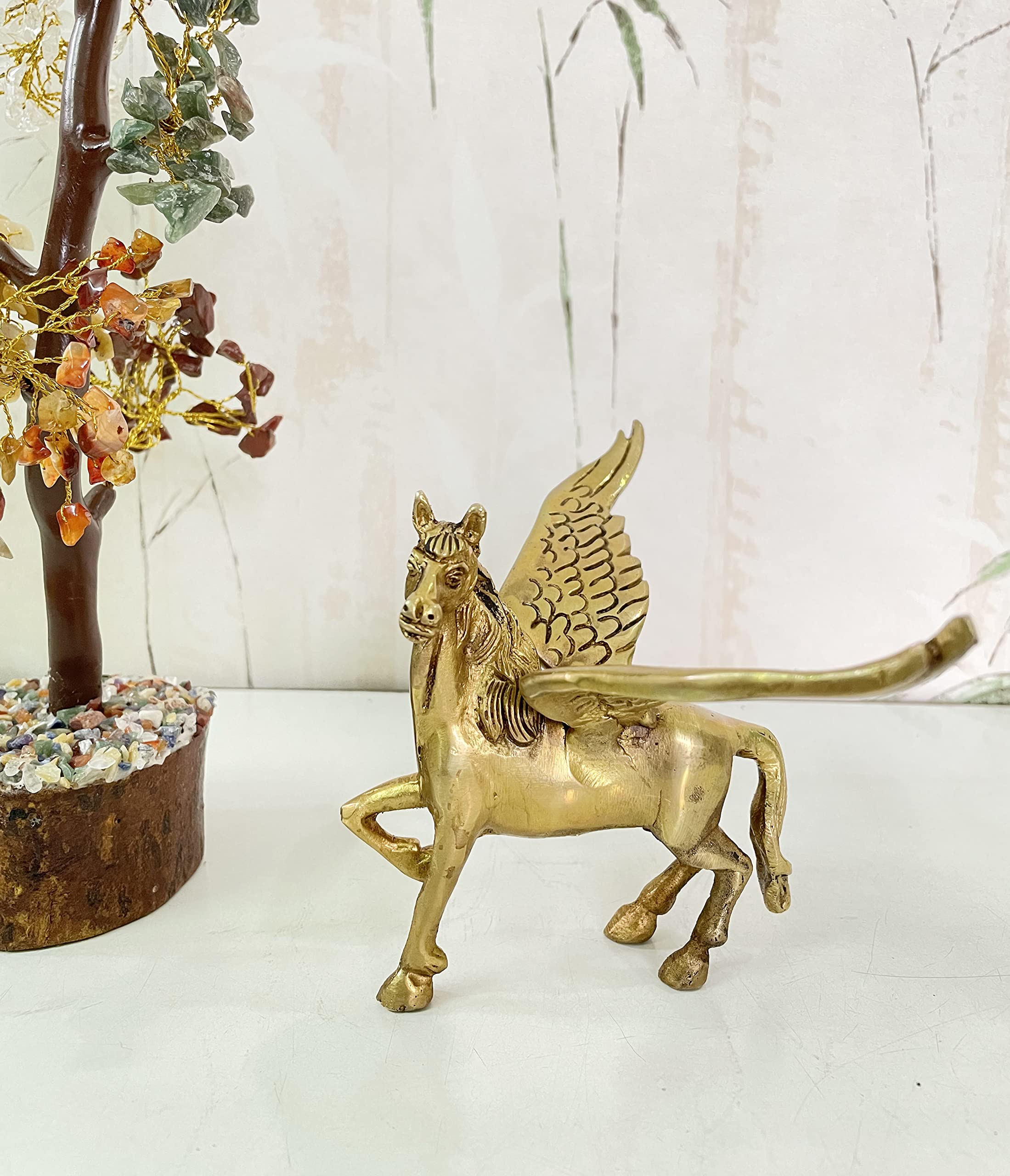 RACPREE Brass Flying Pegasus Statue 4inch - Handcrafted Angel Horse Winged Stallion Figurine, Feng Shui & Vastu Showpiece for Home Entrance Decor, Living Room & Office Desk - Yellow, 430g 4
