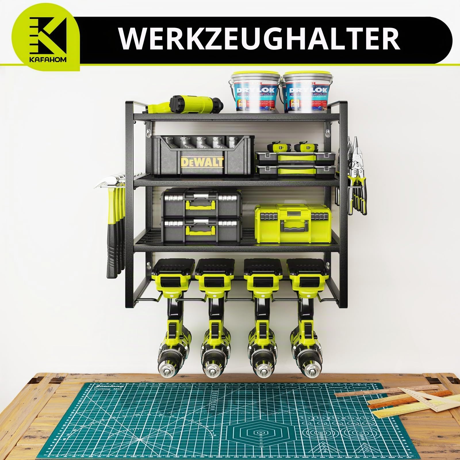 KAFAHOM 4-Ebenen Werkzeug-Wandhalterung, robuster Garagen-Werkzeug-Organizer mit Bohrerhalter für 4 Elektrowerkzeuge, Aufbewahrungsregal für Akku-Bohrer, Werkstatt-Aufbewahrung (42×20×42cm, Schwarz)
