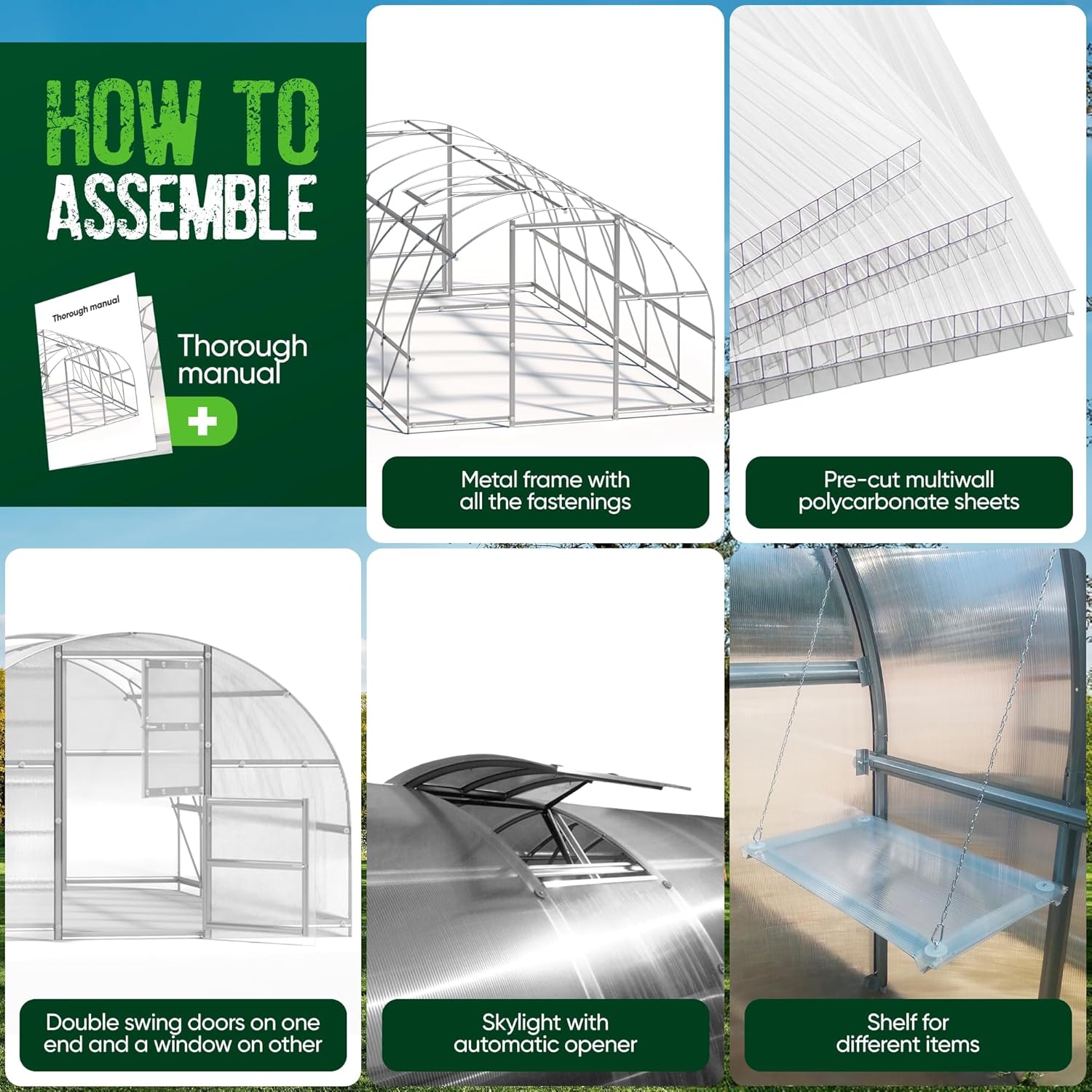 Polycarbonate Greenhouse Kit - Greenhouse - Easy Assembly & Heavy Duty Greenhouses for Outdoors- with Vents and Extra Door (Transparent, 10x33 FT)