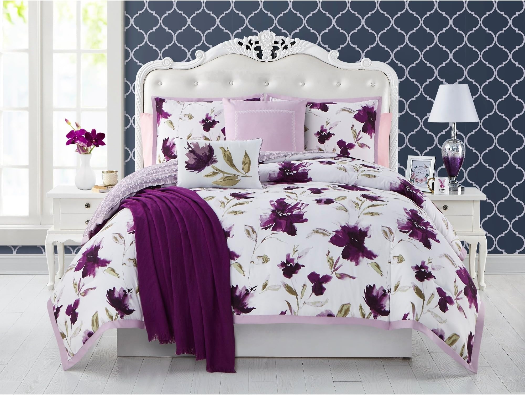 6 Piece Graphic Botanical Orchids Theme Reversible Comforter Set Queen Size, Printed Garden Flowers Leafs Petals Bedding, Elegant Classic Nature Lovers Design, Lush Floral Artwork Motif, Berry Purple