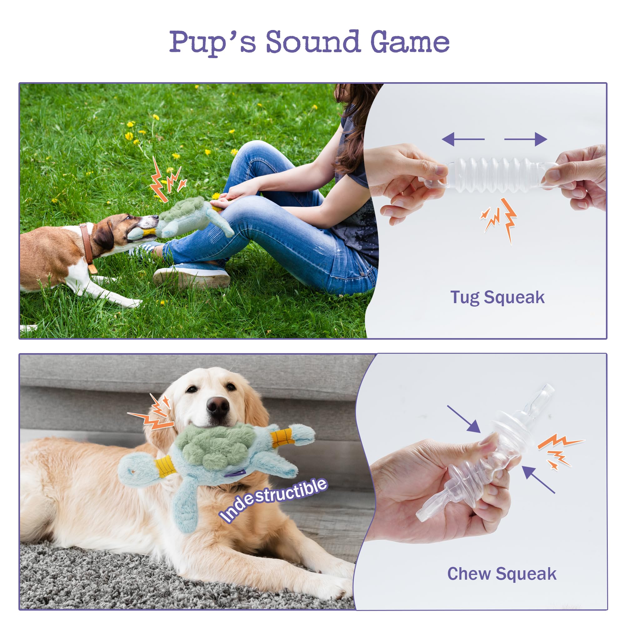 Fuzzwoof Jouet couineur pour chien, jouet tortue à tirer et froisser pour chien, jouet interactif en peluche robuste pour les garder occupés