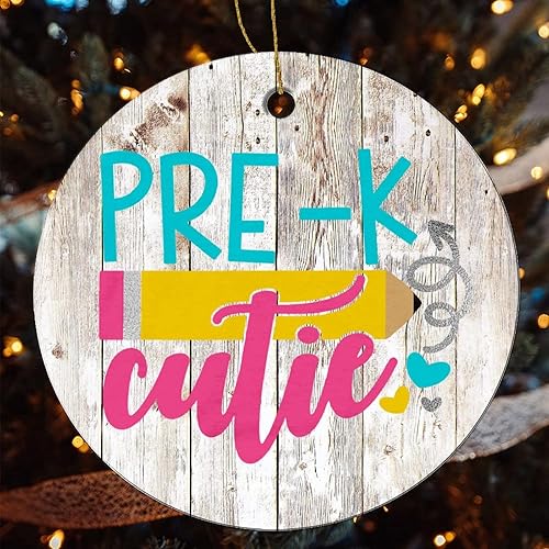 Miniatura 5 de Adorno redondo de cerámica para prekínder de preescolar y regreso a clases, primer día de pre-K, letrero de adorno para árbol de Navidad, decoración