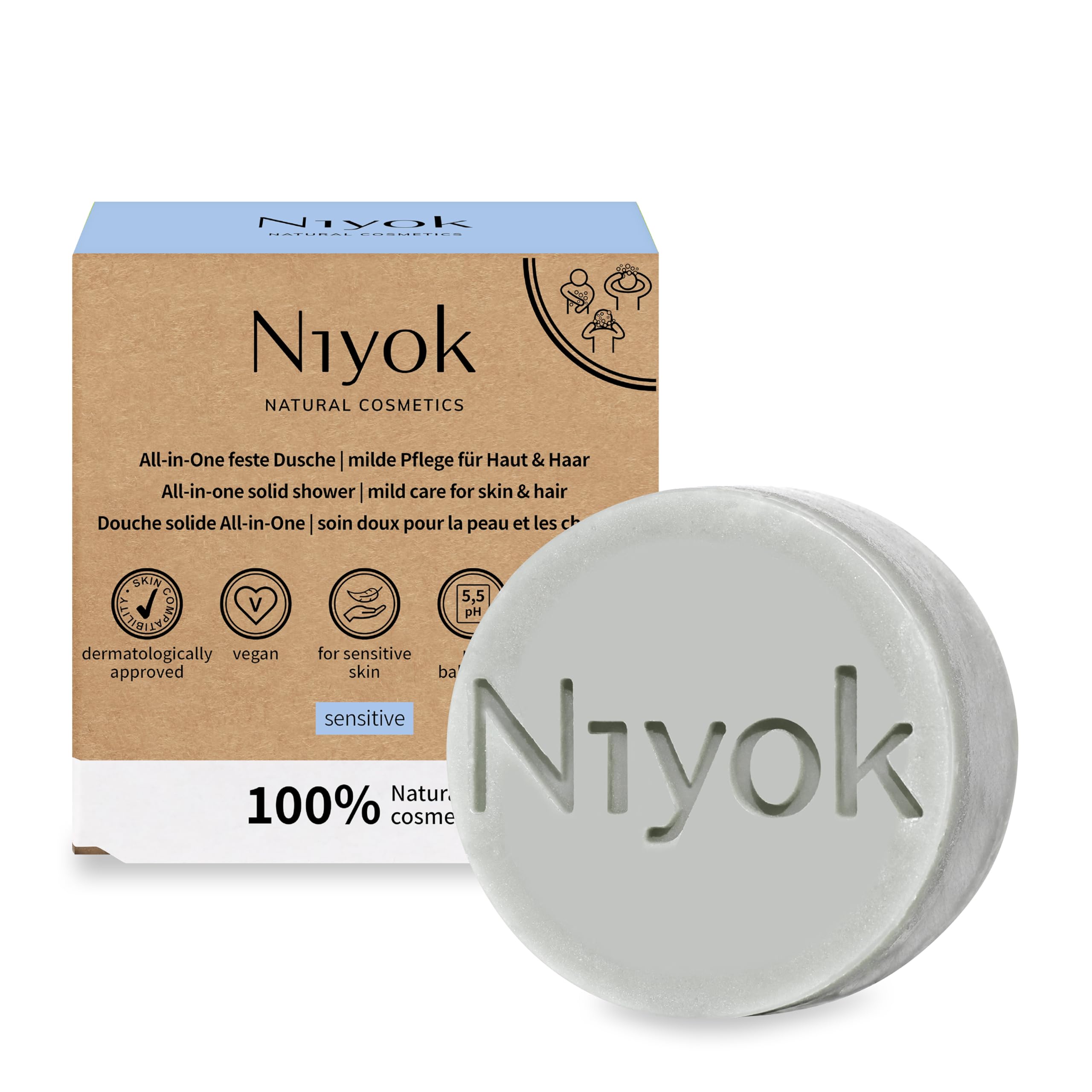 Niyok® All-in-One Shower Skin + Hair Skin-Neutral pH 5.5 Vegan Plastic Free Natural Cosmetics without Plastic Like Shower Soap for Men Organic Sensitive (80 g)