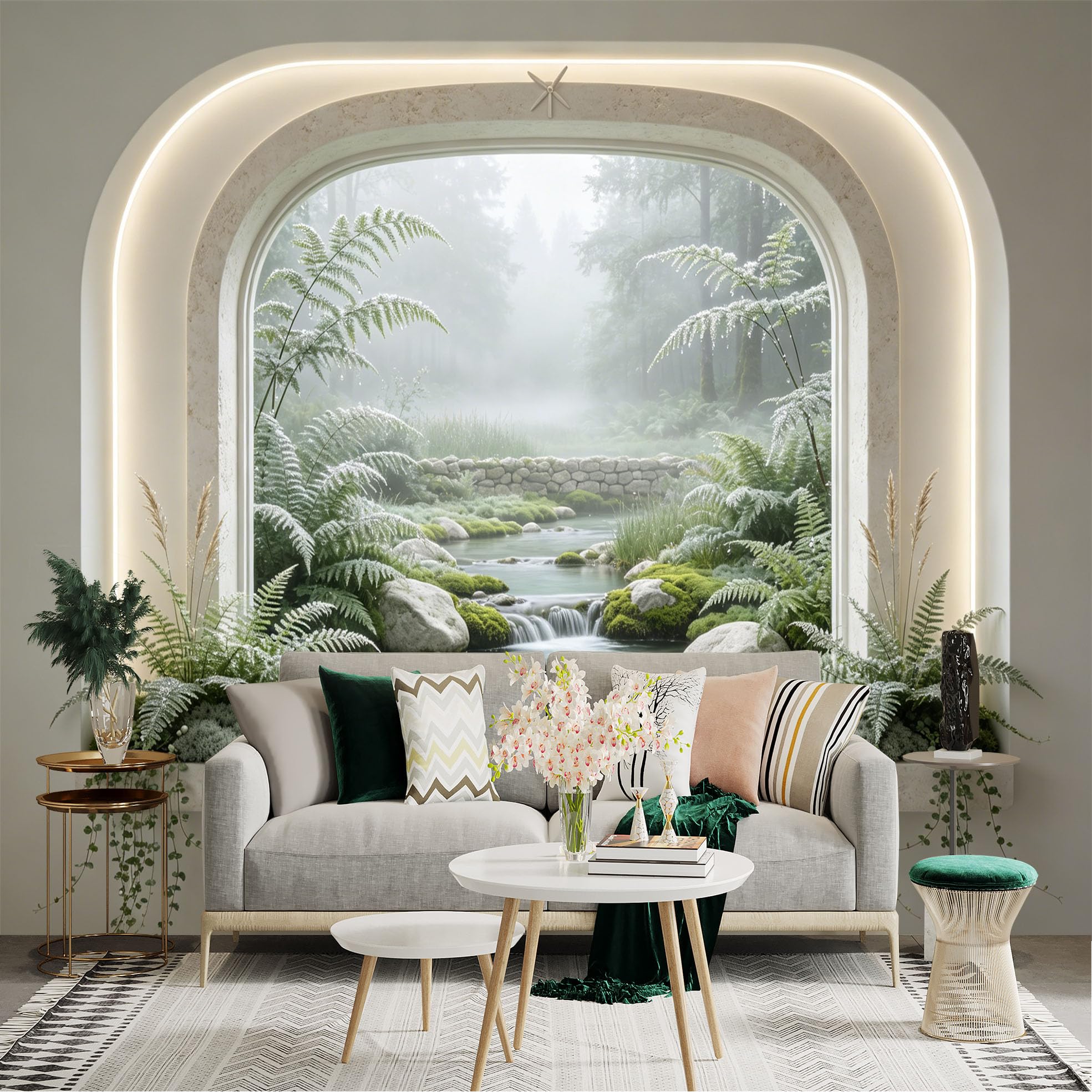 Lnzczhyre Dbh260521161 Custom Size Wall Sticker Mural， Foggy Forest Stream， Tranquil Nature View， Serene Woodland Waterfall， Lush Fern Plants， For Wall Decoration， Peelandstick Wall Decals.