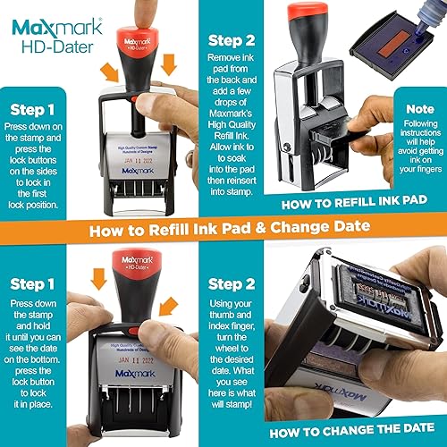 Miniatura 6 de MaxMark Sello de fecha autoentintado resistente con frase pagada, 2 colores azultinta roja