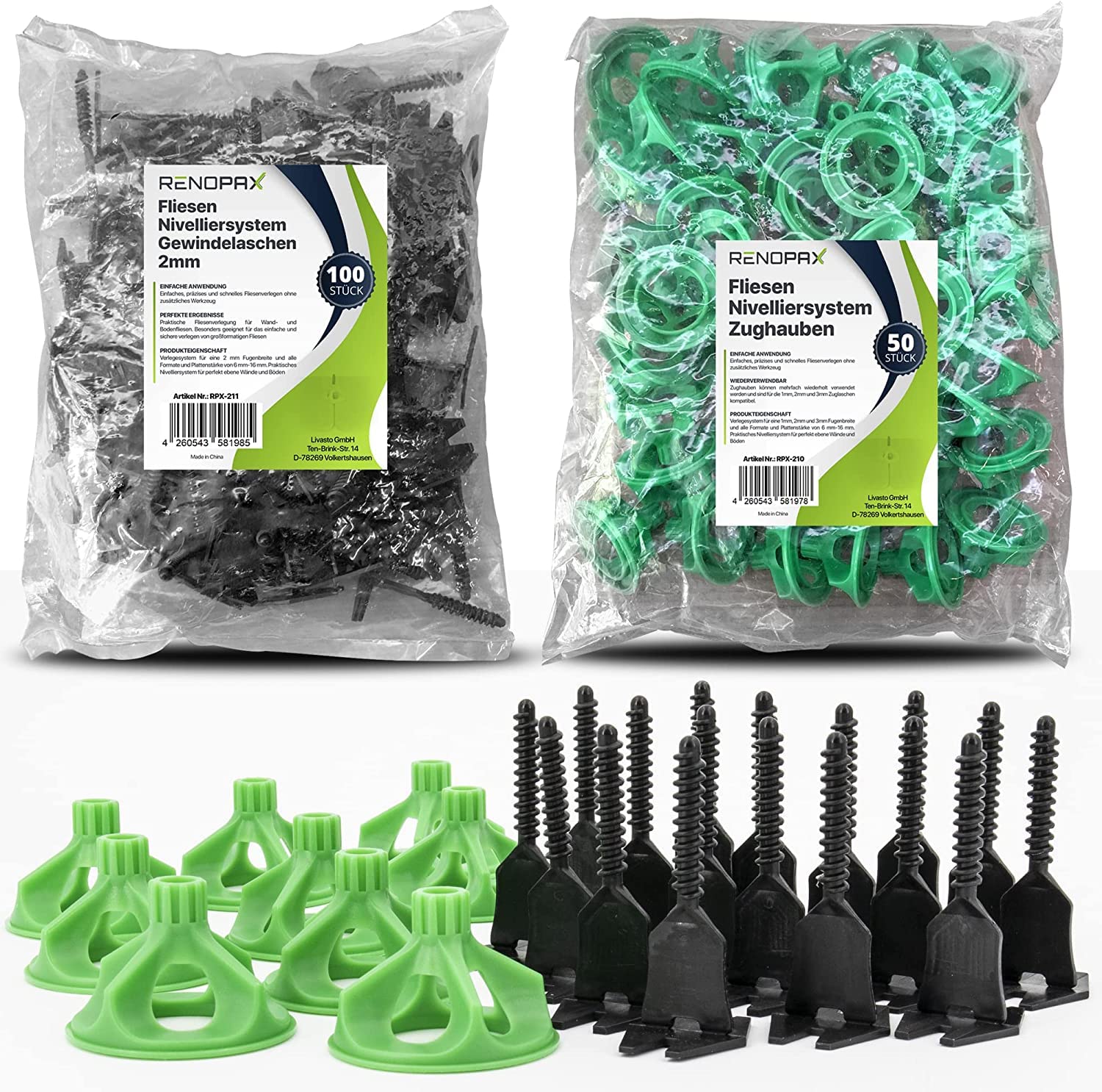 Fliesen Nivelliersystem für Profis und Laien - Fliesenverlegehilfe 2mm Fugen - Fliesenverlegesystem - Fliesenleger Set für 6-16mm Fliesen (Start Set 50x Zugh. + 100x Gewindelasch.)