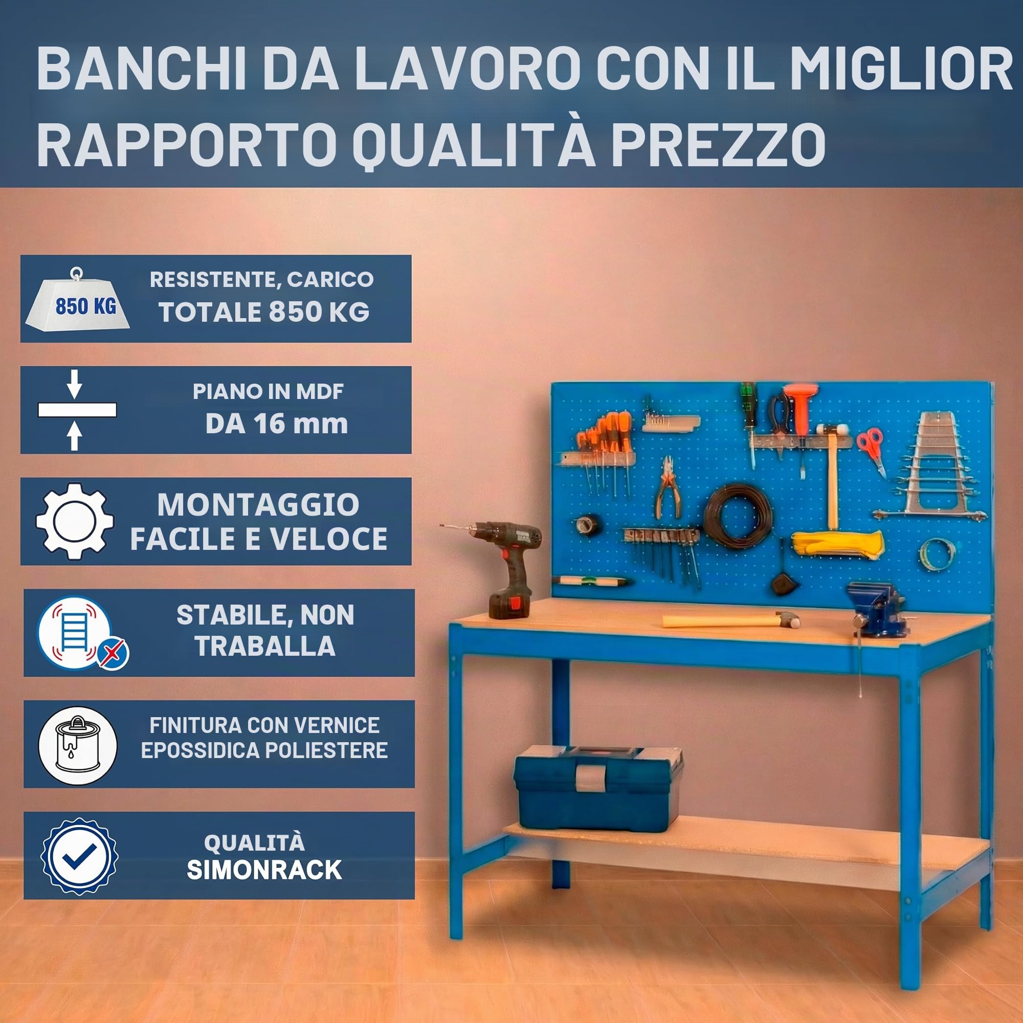 Simon Rack Banco da lavoro per officina, capacità di carico 400 kg, 1445x910x610 mm, Pannello Forato, Tavolo da lavoro fai da te, Antracite/Legno - BT2
