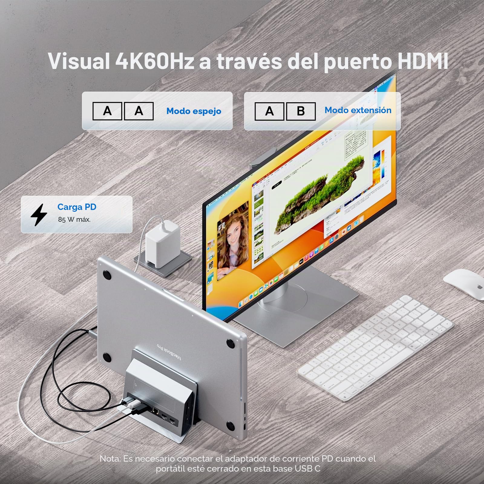 Estación de Acoplamiento Vertical para MacBook con Carcasa M.2 NVMe | PULWTOP Macbook Docking Station con M.2 NVMe SSD, HDMI 4K@60Hz, USB C 10Gbps, SD/TF, RJ45, para Windows y MacBook, Gris